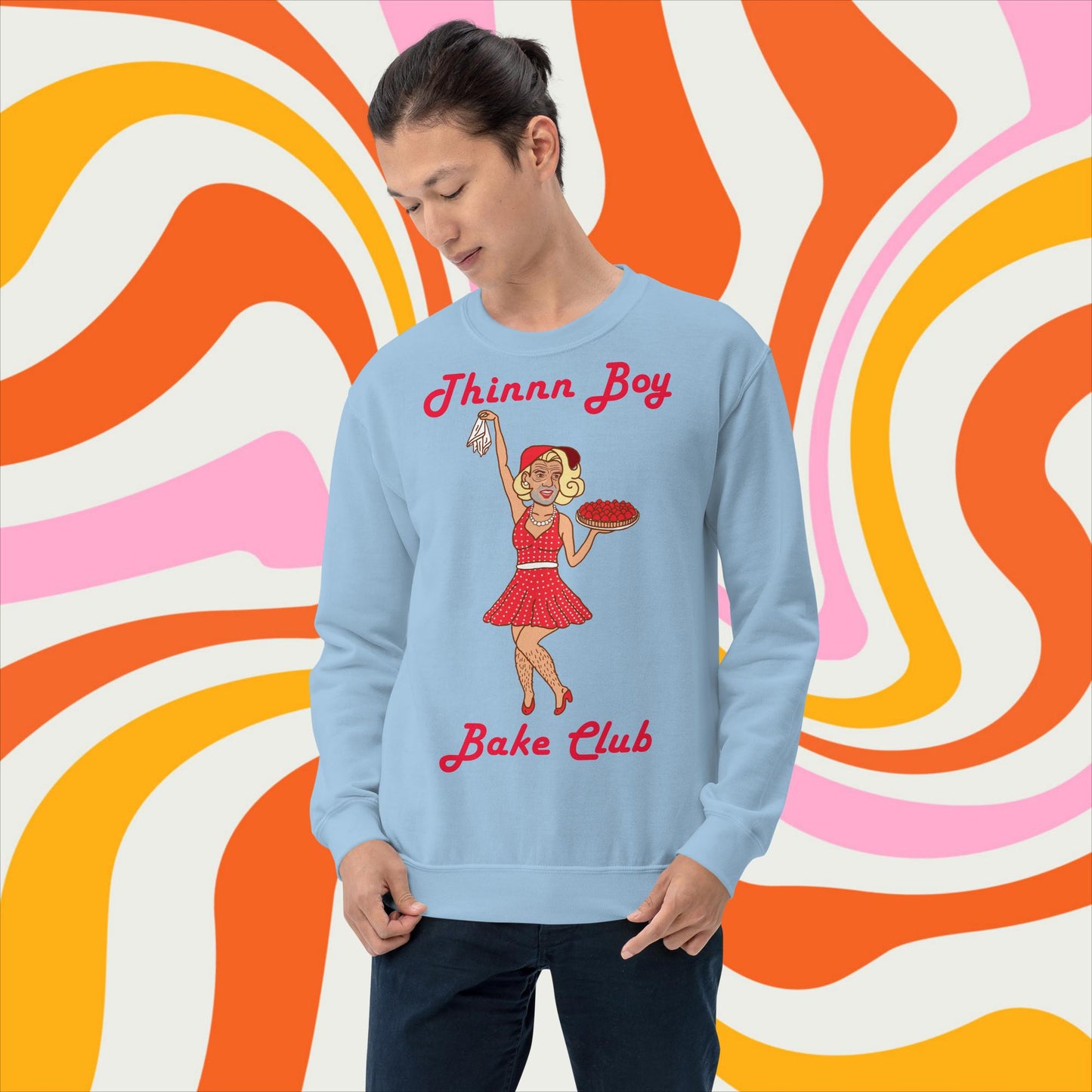 Thinnn Boy Bake Club The Fighter and The Kid TFATK Podcast Comedy 60s retro housewife Bryan Callen Unisex Sweatshirt Light Blue Sweatshirts Bryan Callen Podcasts Stand-up Comedy The Fighter and The Kid (TFATK) Thinnn Boy Bake Club Next Cult Brand