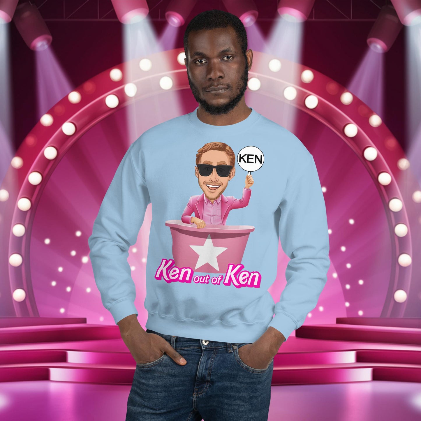 Ken out of Ken Ryan Gosling Barbie Movie Unisex Sweatshirt Light Blue Sweatshirts Barbie Celebrities Ken Movies Ryan Gosling Next Cult Brand