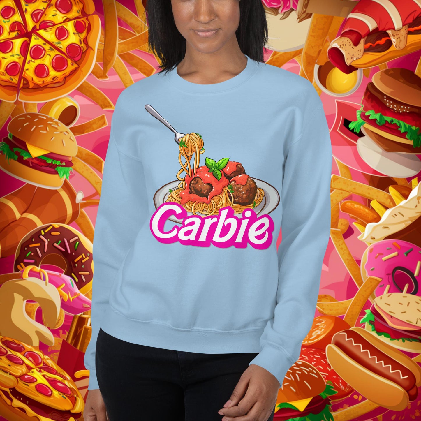 Carbie Barbie I Love Pasta I Love Carbs Unisex Sweatshirt Light Blue Sweatshirts Barbie Carbie Ken Movies Next Cult Brand