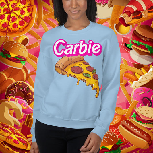 Carbie Barbie I Love Carbs I Love Pizza Unisex Sweatshirt Light Blue Sweatshirts Next Cult Brand