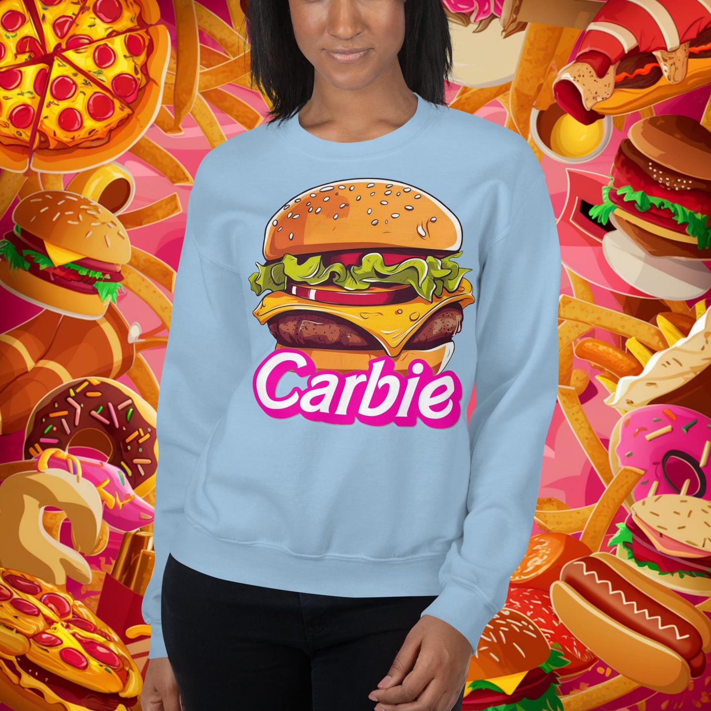 Carbie Barbie Cheeseburger Unisex Sweatshirt Light Blue Sweatshirts Barbie Burgers Carbie Fast Food Movies Next Cult Brand