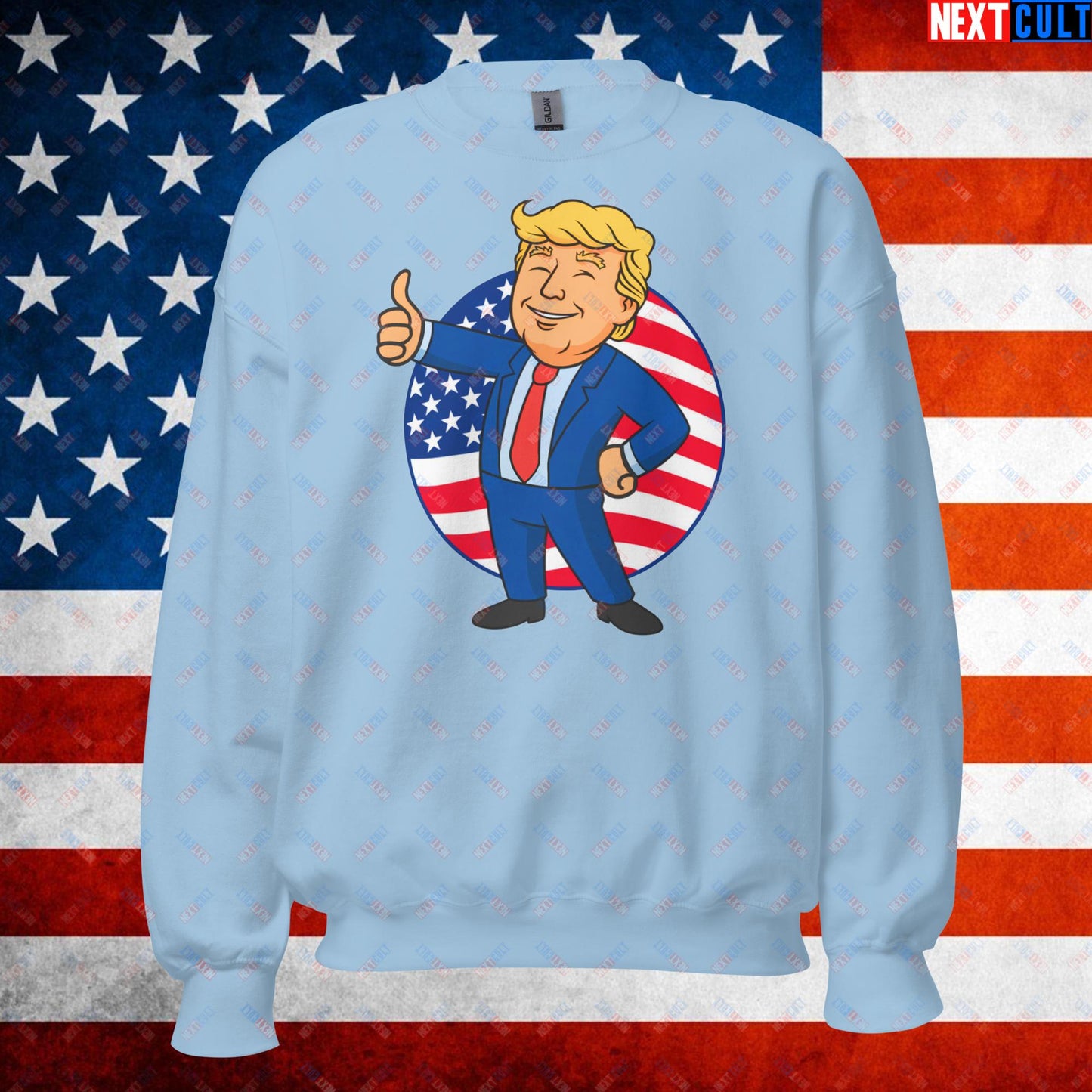 President Boy Donald Trump Politics Vault Boy Fallout Funny Meme Cartoon Mashup Unisex Sweatshirt Light Blue Sweatshirts Donald Trump Fallout Politics Republicans Vault Boy Next Cult Brand