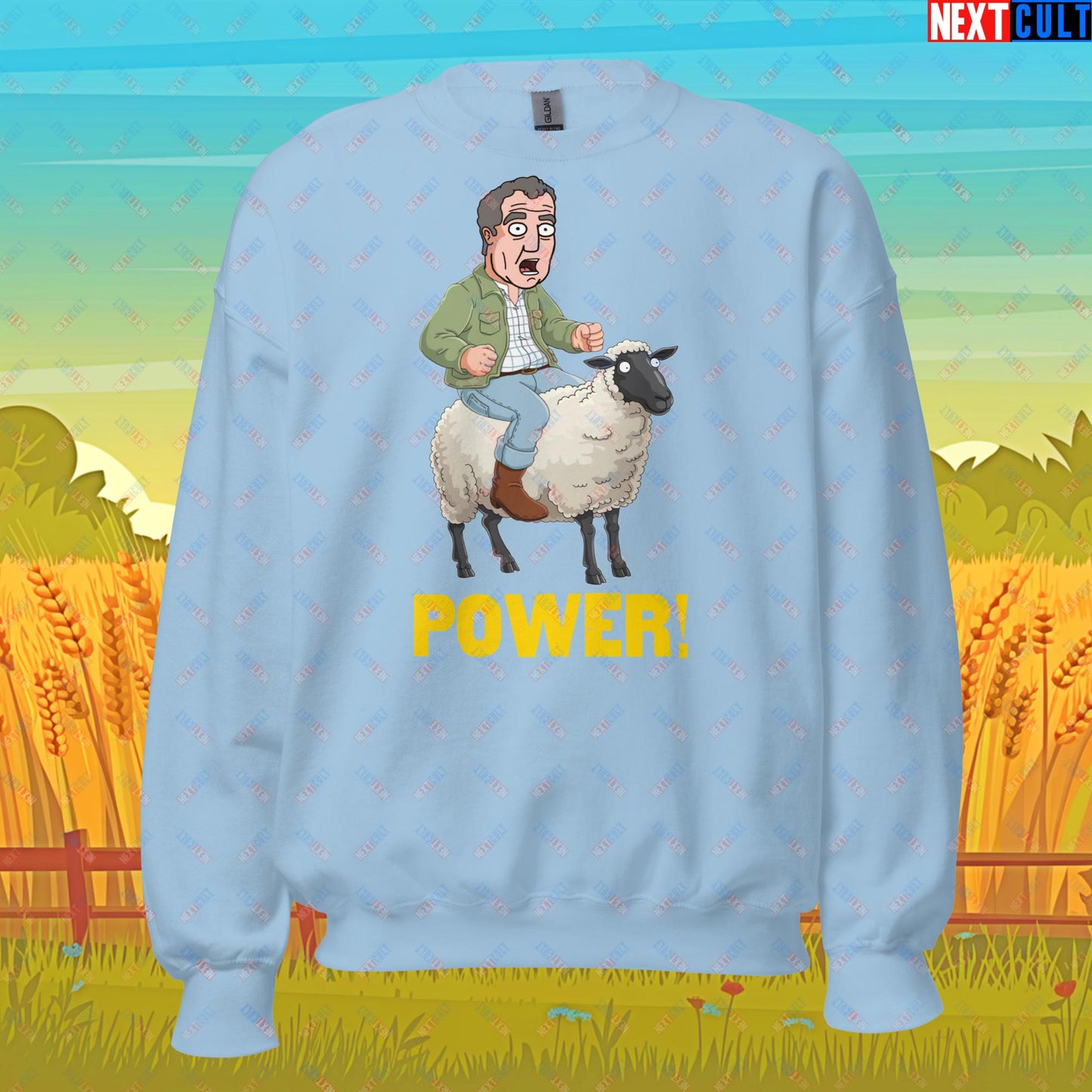 Power Sheep Jeremy Clarkson's Farm Diddly Squat Grand Tour Top Gear Funny Meme Cartoon Unisex Sweatshirt Light Blue Sweatshirts Clarkson's Farm Grand Tour Jeremy Clarkson Top Gear TV Shows Next Cult Brand