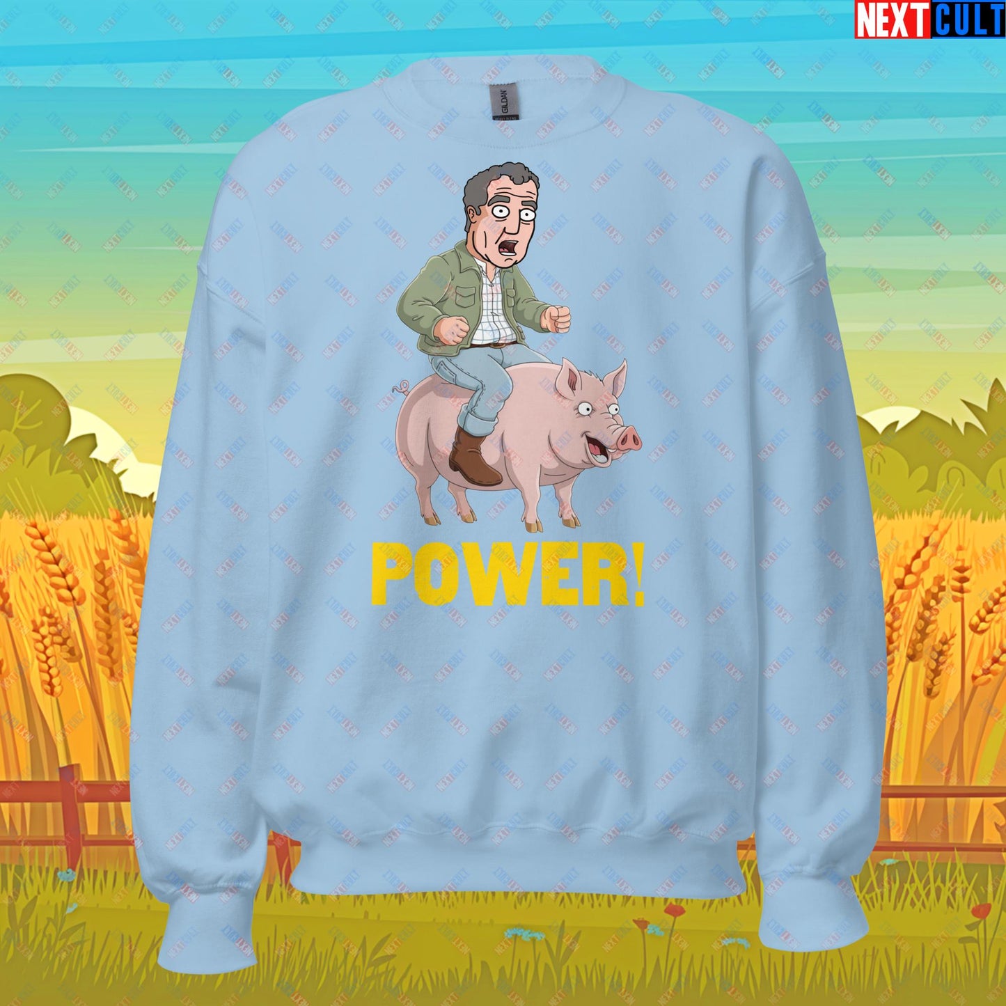Power Pig Farming Jeremy Clarkson's Farm Diddly Squat Grand Tour Top Gear Funny Meme Cartoon Unisex Sweatshirt Light Blue Sweatshirts Clarkson's Farm Grand Tour Jeremy Clarkson Top Gear TV Shows Next Cult Brand