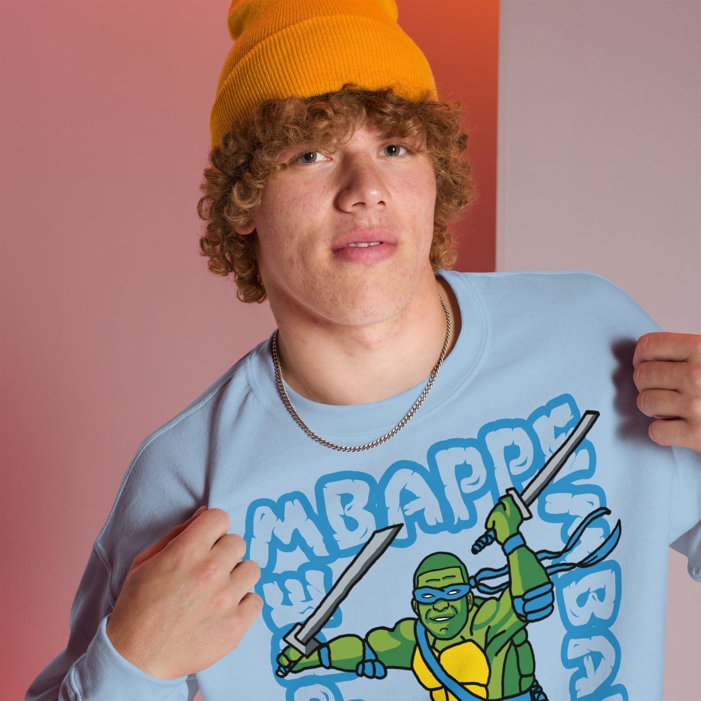 Kylian Mbappe Blue Ninja Turtle Leonardo Unisex Sweatshirt Light Blue Sweatshirts Football Kylian Mbappe Ninja Turtles PSG Real Madrid Next Cult Brand