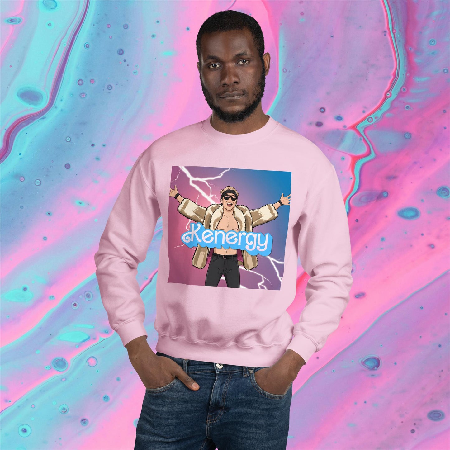 Kenergy Barbie Ryan Gosling Ken Unisex Sweatshirt Light Pink Sweatshirts Barbie Celebrities Ken Kenergy Movies Ryan Gosling Next Cult Brand