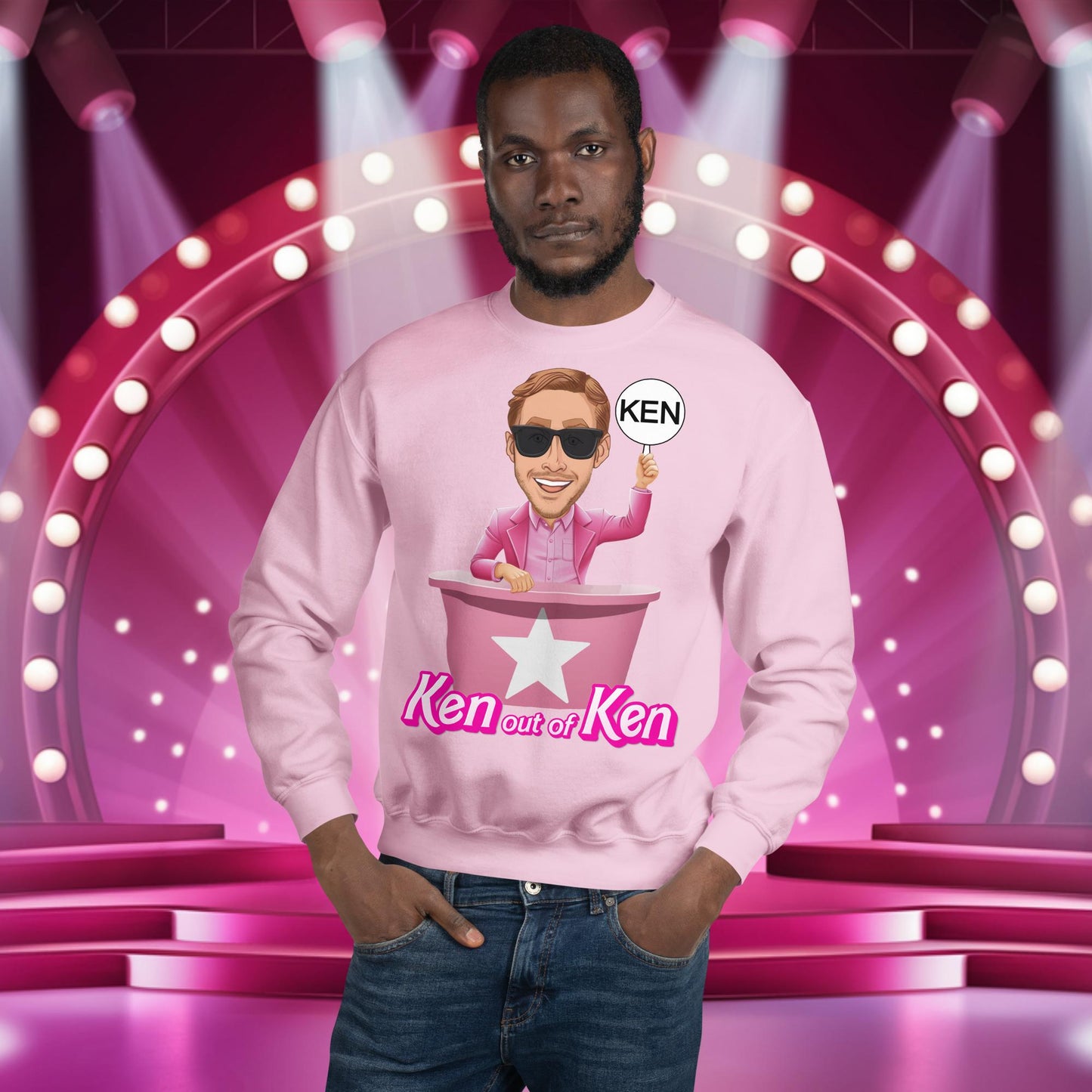 Ken out of Ken Ryan Gosling Barbie Movie Unisex Sweatshirt Light Pink Sweatshirts Barbie Celebrities Ken Movies Ryan Gosling Next Cult Brand