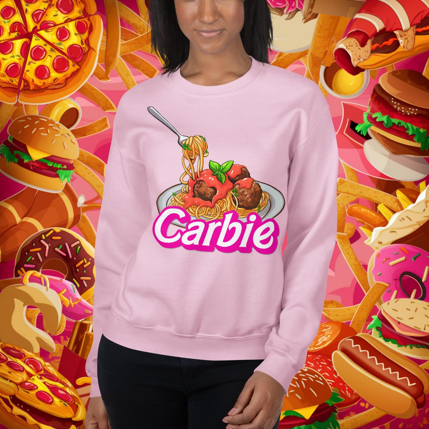Carbie Barbie I Love Pasta I Love Carbs Unisex Sweatshirt Light Pink Sweatshirts Barbie Carbie Ken Movies Next Cult Brand