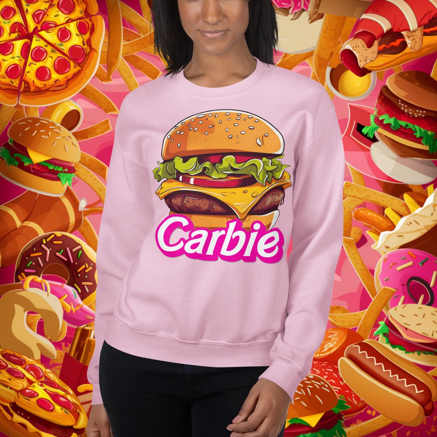 Carbie Barbie Cheeseburger Unisex Sweatshirt Light Pink Sweatshirts Barbie Burgers Carbie Fast Food Movies Next Cult Brand