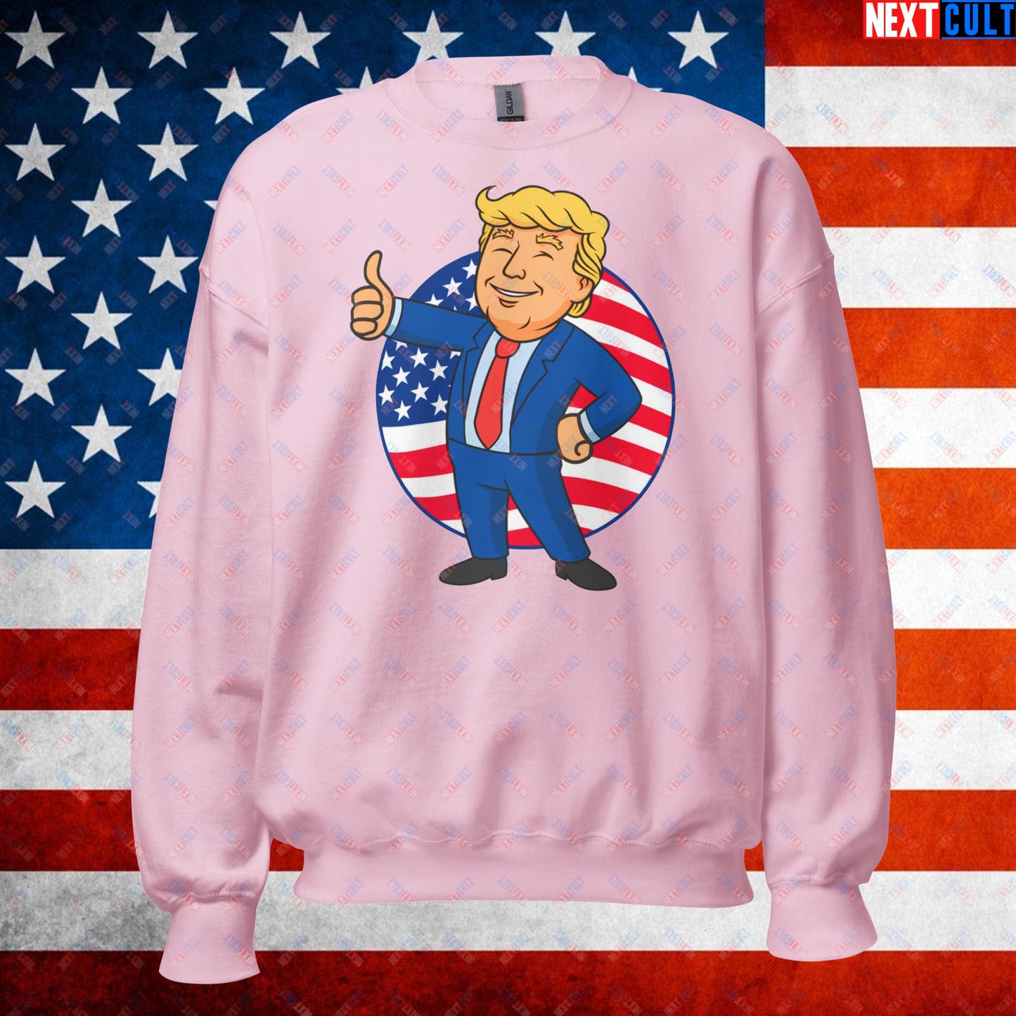 President Boy Donald Trump Politics Vault Boy Fallout Funny Meme Cartoon Mashup Unisex Sweatshirt Light Pink Sweatshirts Donald Trump Fallout Politics Republicans Vault Boy Next Cult Brand