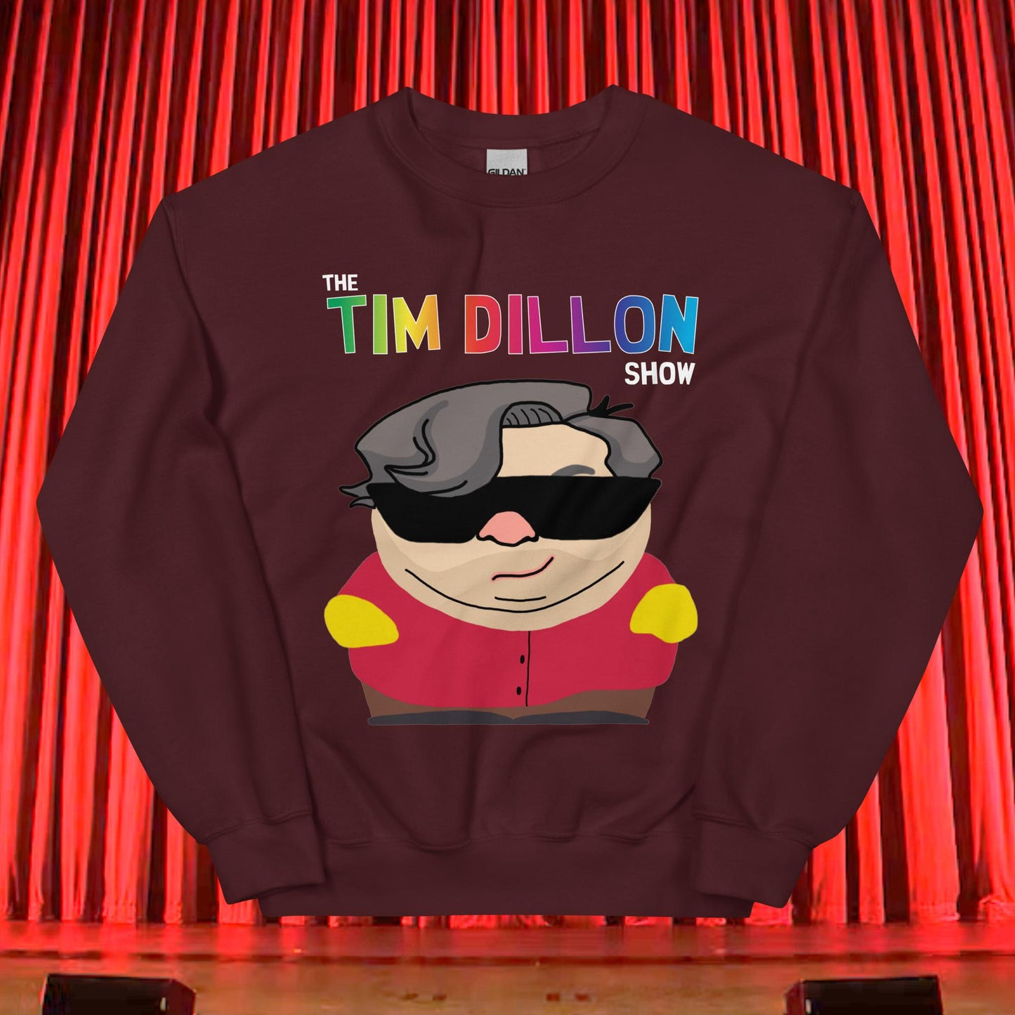 Tim Dillon Cartman, Southpark, The Tim Dillon Show, Tim Dillon Podcast, Tim Dillon Merch, Tim Dillon Unisex Sweatshirt Maroon Sweatshirts Podcasts Stand-up Comedy Tim Dillon Next Cult Brand