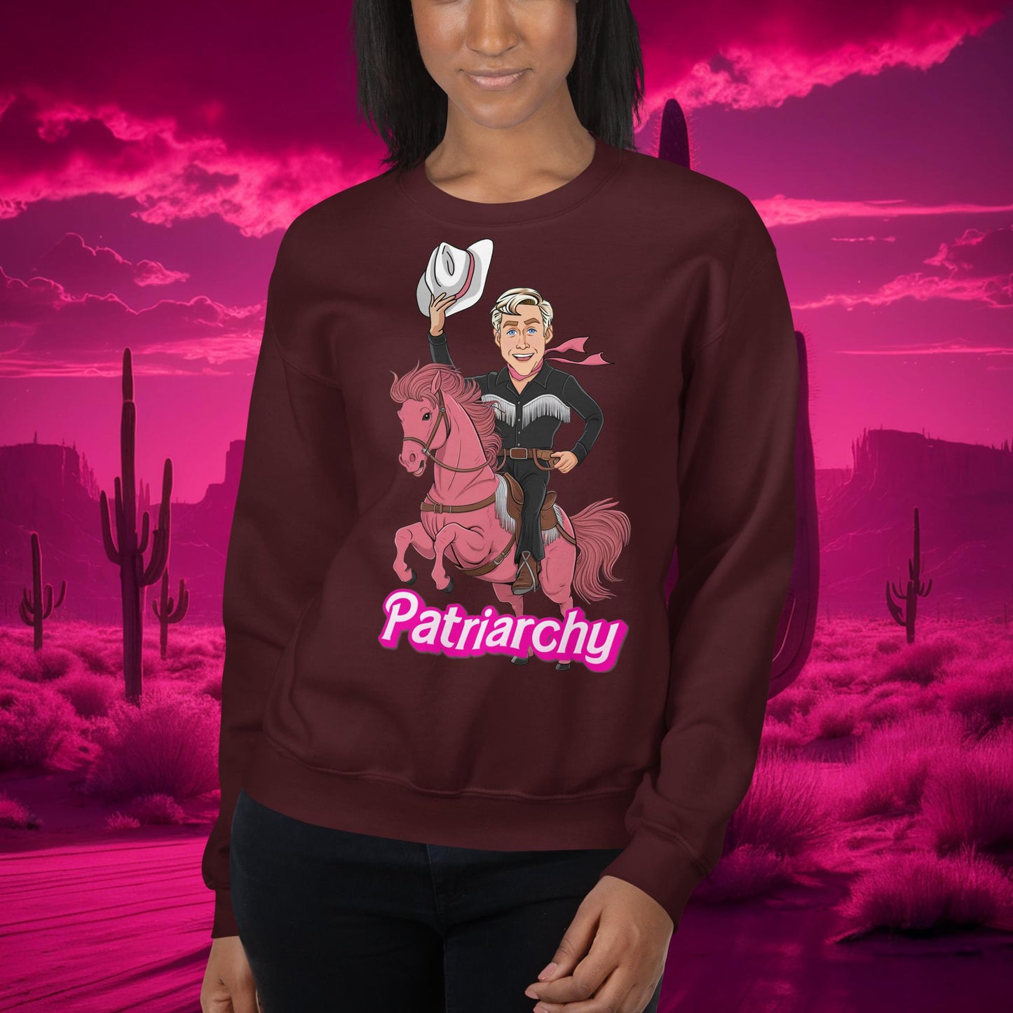 Ken Barbie Movie When I found out the patriarchy wasn't just about horses, I lost interest Unisex Sweatshirt Maroon Sweatshirts Barbie Celebrities Ken Movies Ryan Gosling Next Cult Brand