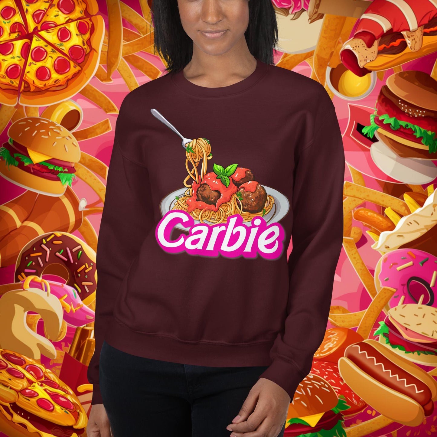 Carbie Barbie I Love Pasta I Love Carbs Unisex Sweatshirt Maroon Sweatshirts Barbie Carbie Ken Movies Next Cult Brand