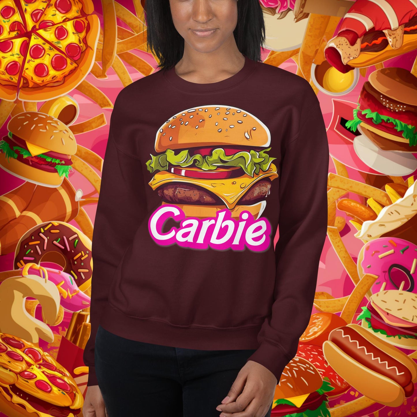Carbie Barbie Cheeseburger Unisex Sweatshirt Maroon Sweatshirts Barbie Burgers Carbie Fast Food Movies Next Cult Brand