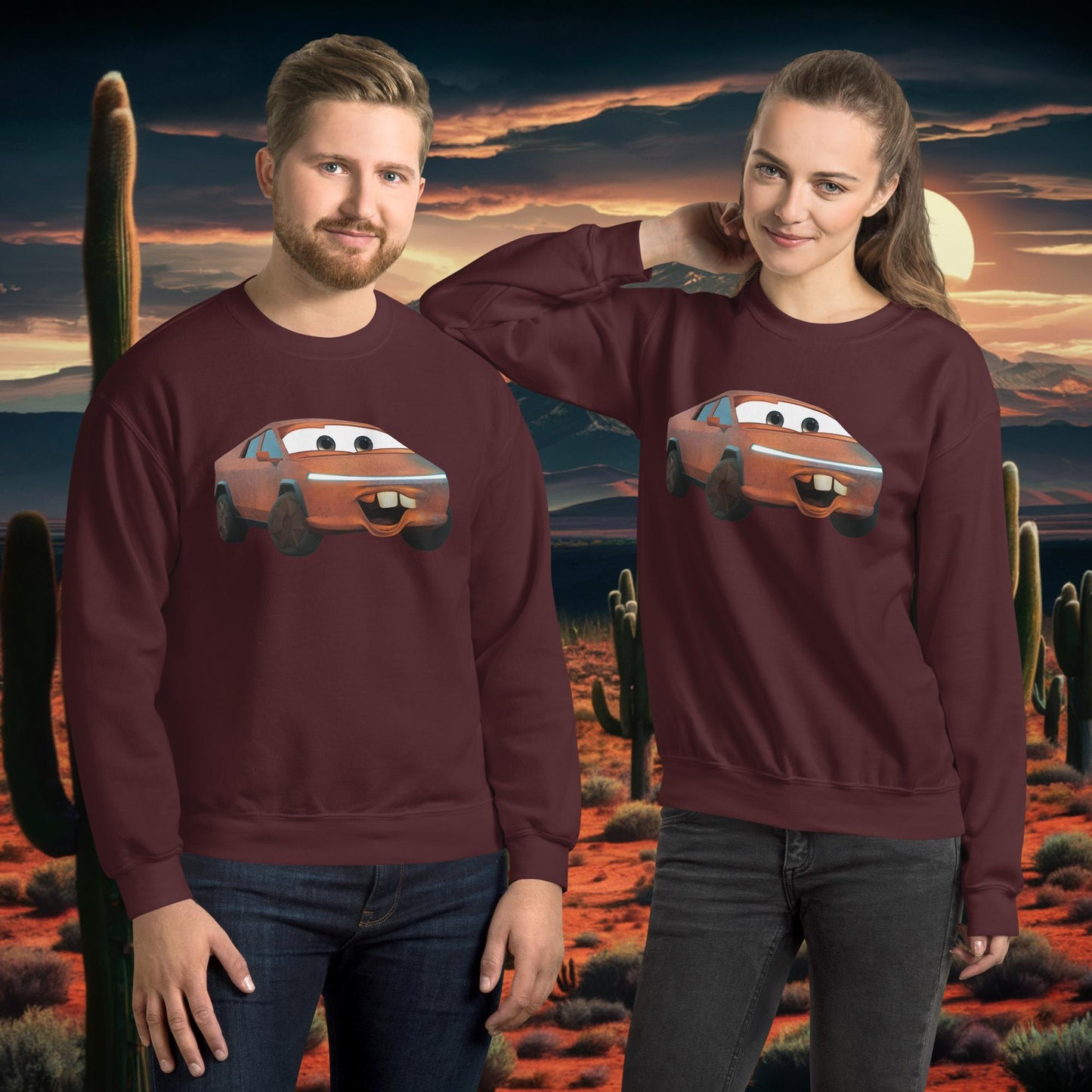 Rusty Tesla Cybertruck Elon Musk Cars Movie Tow Mater Unisex Sweatshirt Maroon Sweatshirts Cars Movie Celebrities Cybertruck Elon Musk Movies Tesla Next Cult Brand