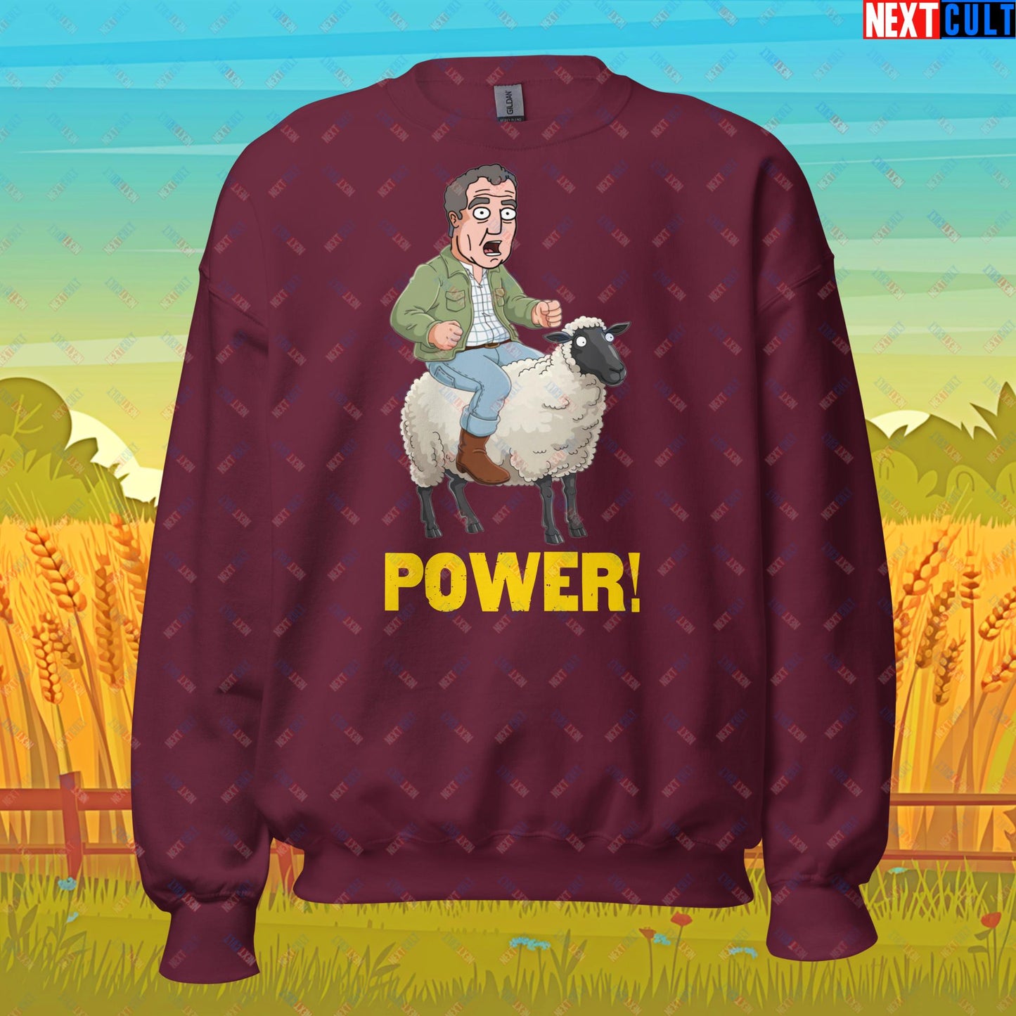 Power Sheep Jeremy Clarkson's Farm Diddly Squat Grand Tour Top Gear Funny Meme Cartoon Unisex Sweatshirt Maroon Sweatshirts Clarkson's Farm Grand Tour Jeremy Clarkson Top Gear TV Shows Next Cult Brand