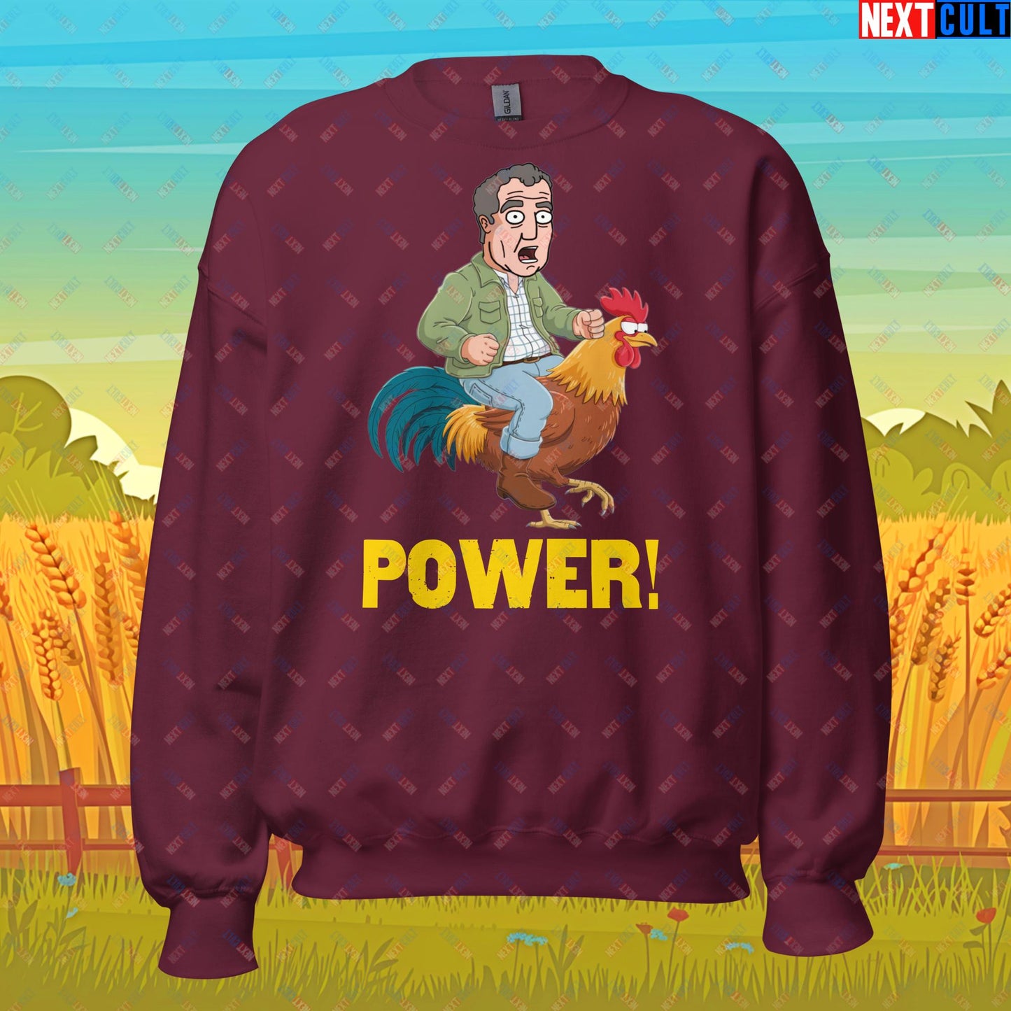 Power Rooster Chicken Farming Jeremy Clarkson's Farm Diddly Squat Grand Tour Top Gear Funny Meme Cartoon Unisex Sweatshirt Maroon Sweatshirts Clarkson's Farm Grand Tour Jeremy Clarkson Top Gear TV Shows Next Cult Brand
