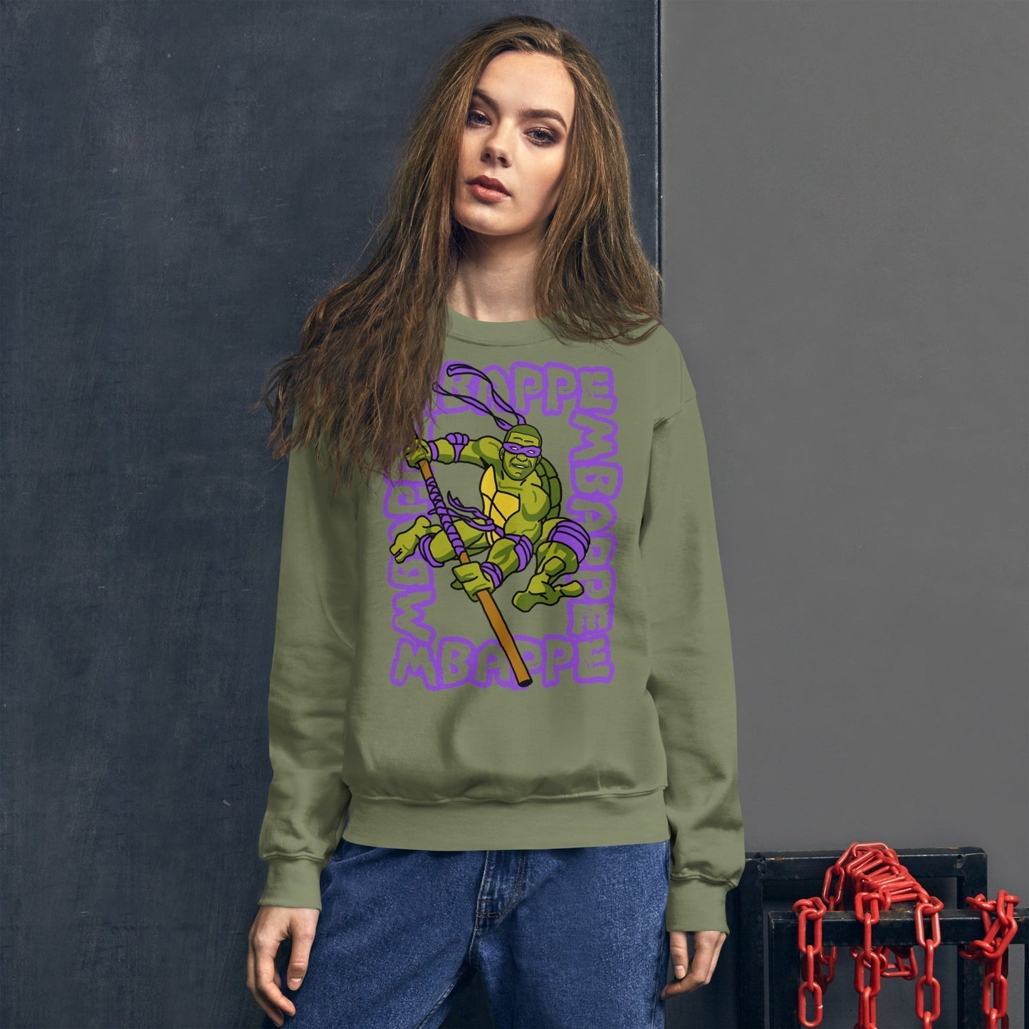 Kylian Mbappe Purple Ninja Turtle Donatello Unisex Sweatshirt Military Green Sweatshirts Football Kylian Mbappe Ninja Turtles PSG Real Madrid Next Cult Brand