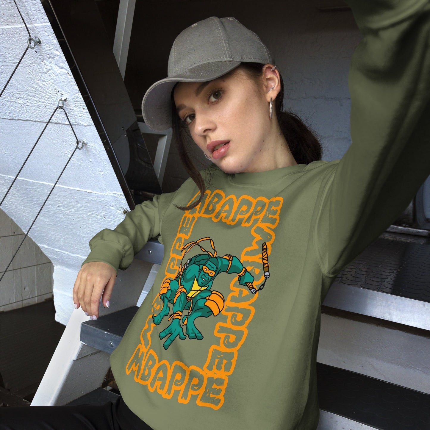 Kylian Mbappe Orange Ninja Turtle Michelangelo Unisex Sweatshirt Military Green Sweatshirts Football Kylian Mbappe Ninja Turtles PSG Real Madrid Next Cult Brand