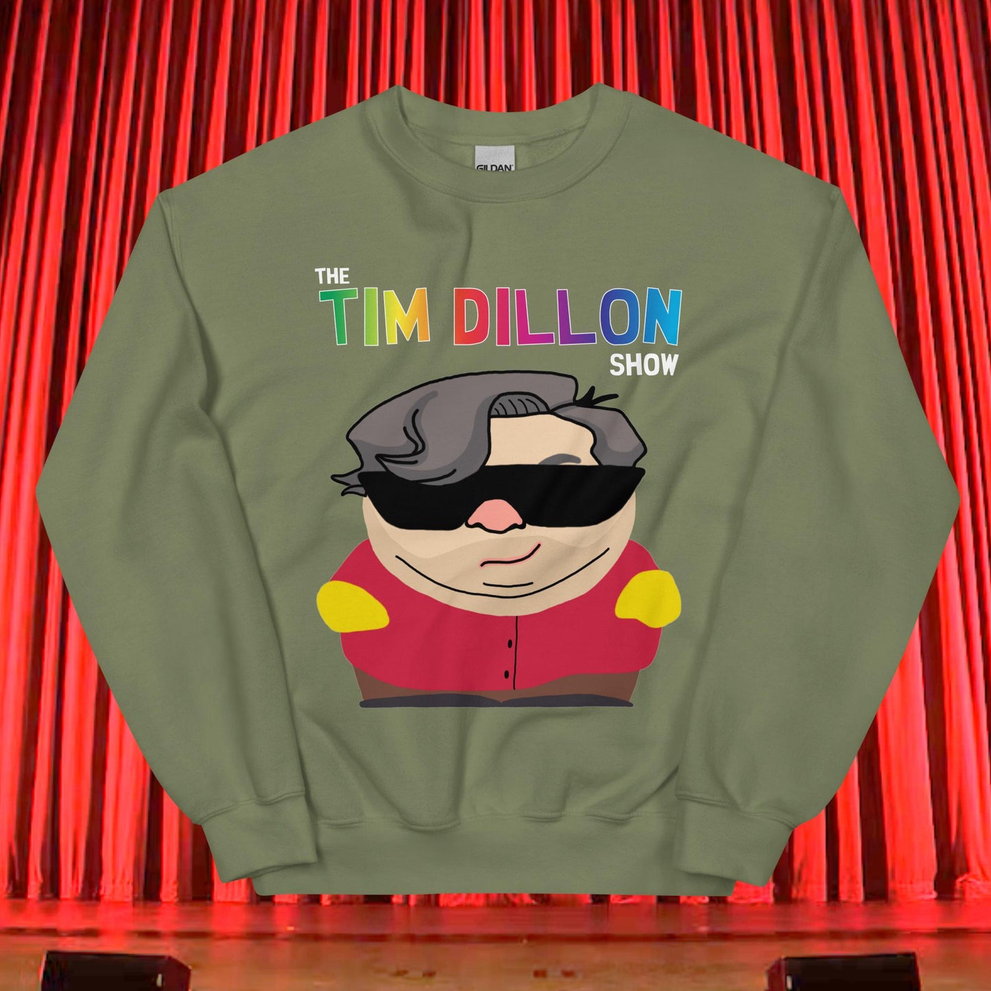 Tim Dillon Cartman, Southpark, The Tim Dillon Show, Tim Dillon Podcast, Tim Dillon Merch, Tim Dillon Unisex Sweatshirt Military Green Sweatshirts Podcasts Stand-up Comedy Tim Dillon Next Cult Brand