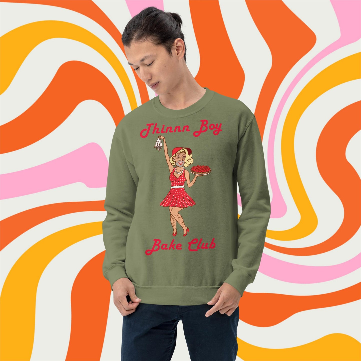 Thinnn Boy Bake Club The Fighter and The Kid TFATK Podcast Comedy 60s retro housewife Bryan Callen Unisex Sweatshirt Military Green Sweatshirts Bryan Callen Podcasts Stand-up Comedy The Fighter and The Kid (TFATK) Thinnn Boy Bake Club Next Cult Brand