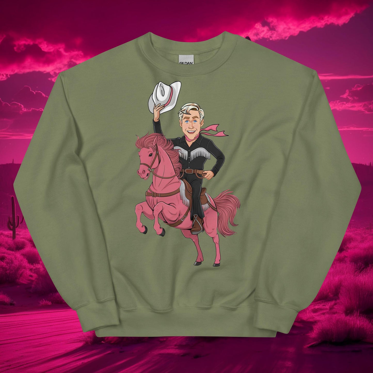 Ryan Gosling Ken Cowboy Horse Barbie Movie Patriarchy Unisex Sweatshirt Military Green Hoodies Barbie Celebrities Ken Movies Ryan Gosling Next Cult Brand