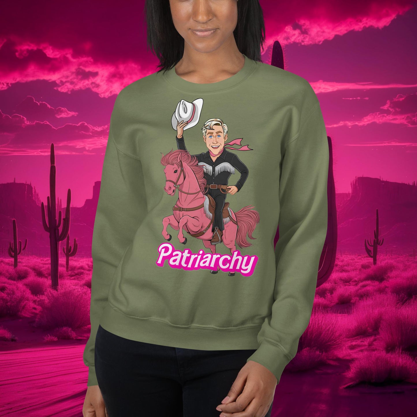 Ken Barbie Movie When I found out the patriarchy wasn't just about horses, I lost interest Unisex Sweatshirt Military Green Sweatshirts Barbie Celebrities Ken Movies Ryan Gosling Next Cult Brand