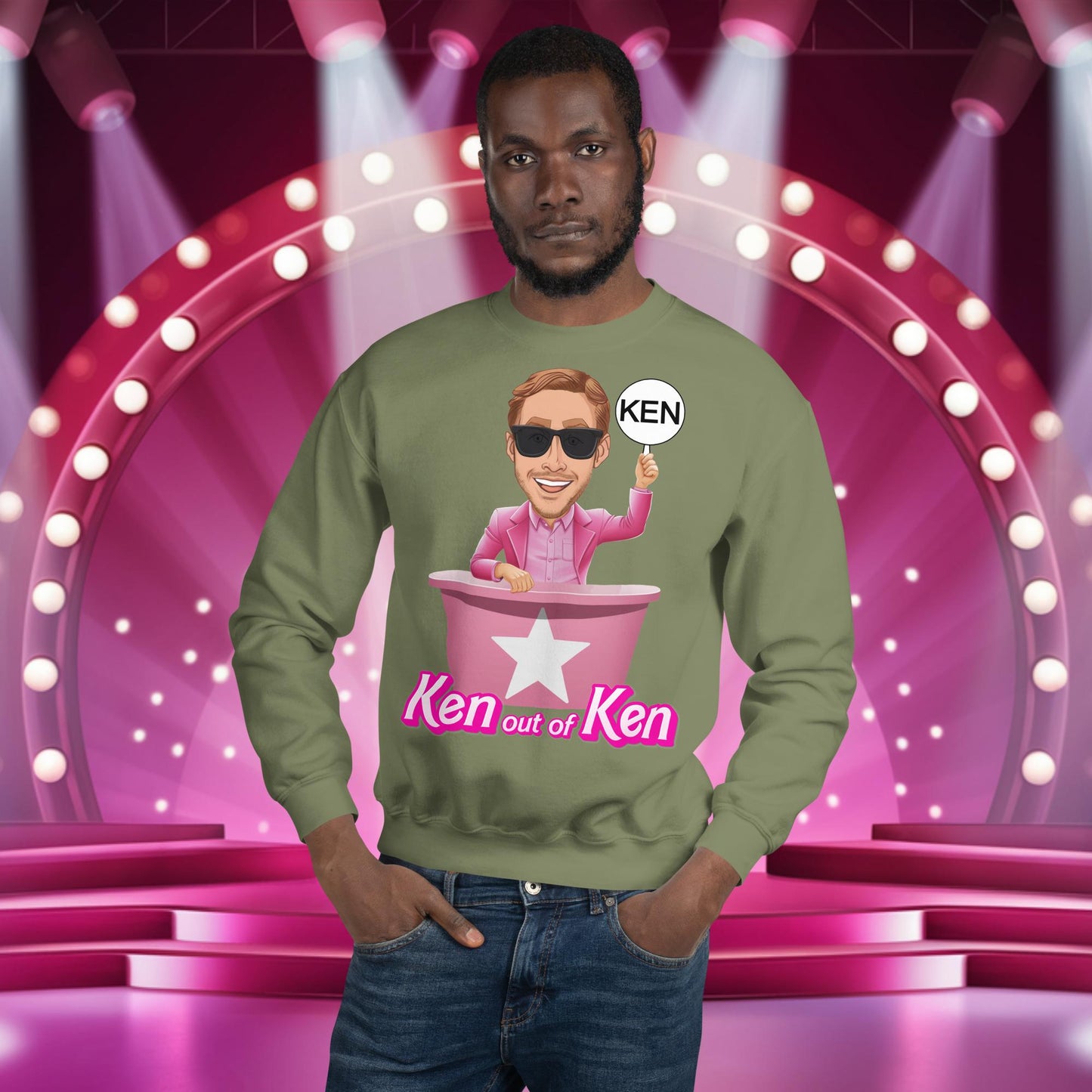 Ken out of Ken Ryan Gosling Barbie Movie Unisex Sweatshirt Military Green Sweatshirts Barbie Celebrities Ken Movies Ryan Gosling Next Cult Brand