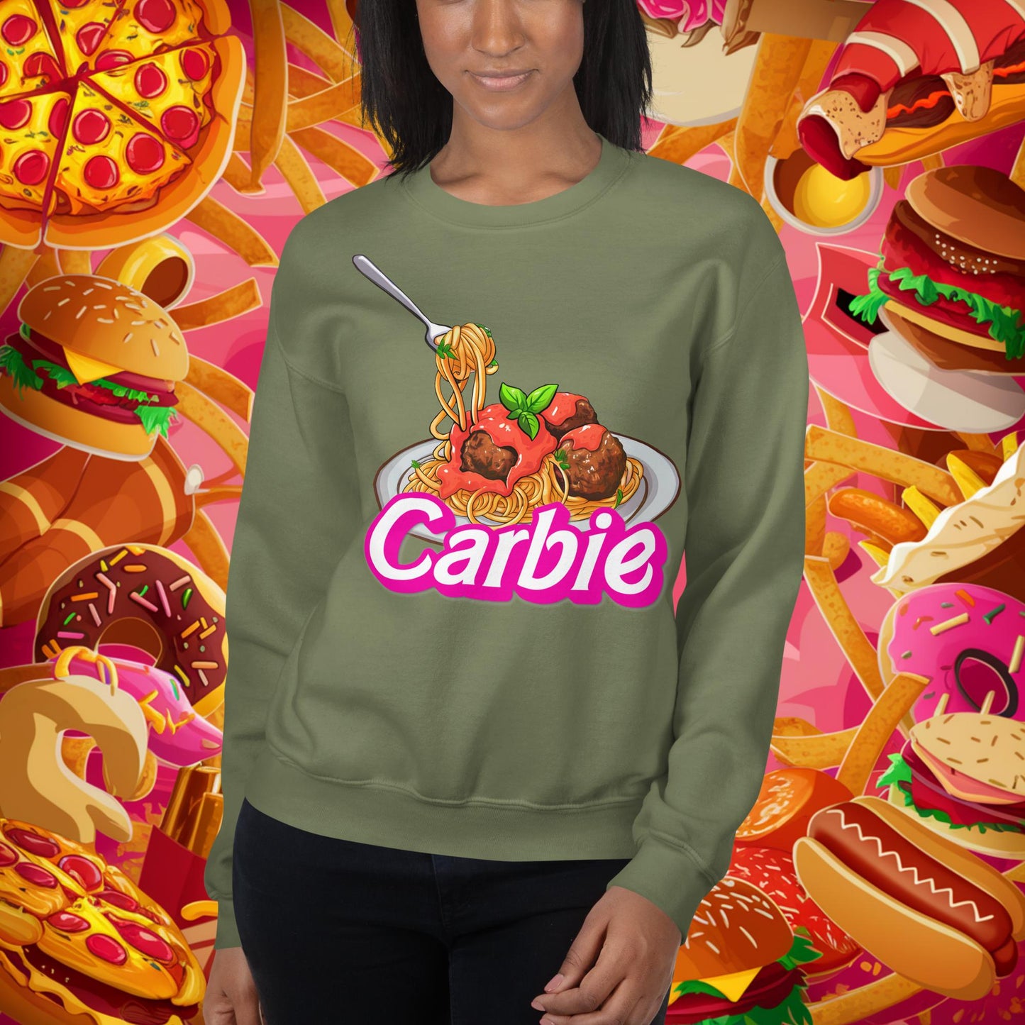 Carbie Barbie I Love Pasta I Love Carbs Unisex Sweatshirt Military Green Sweatshirts Barbie Carbie Ken Movies Next Cult Brand