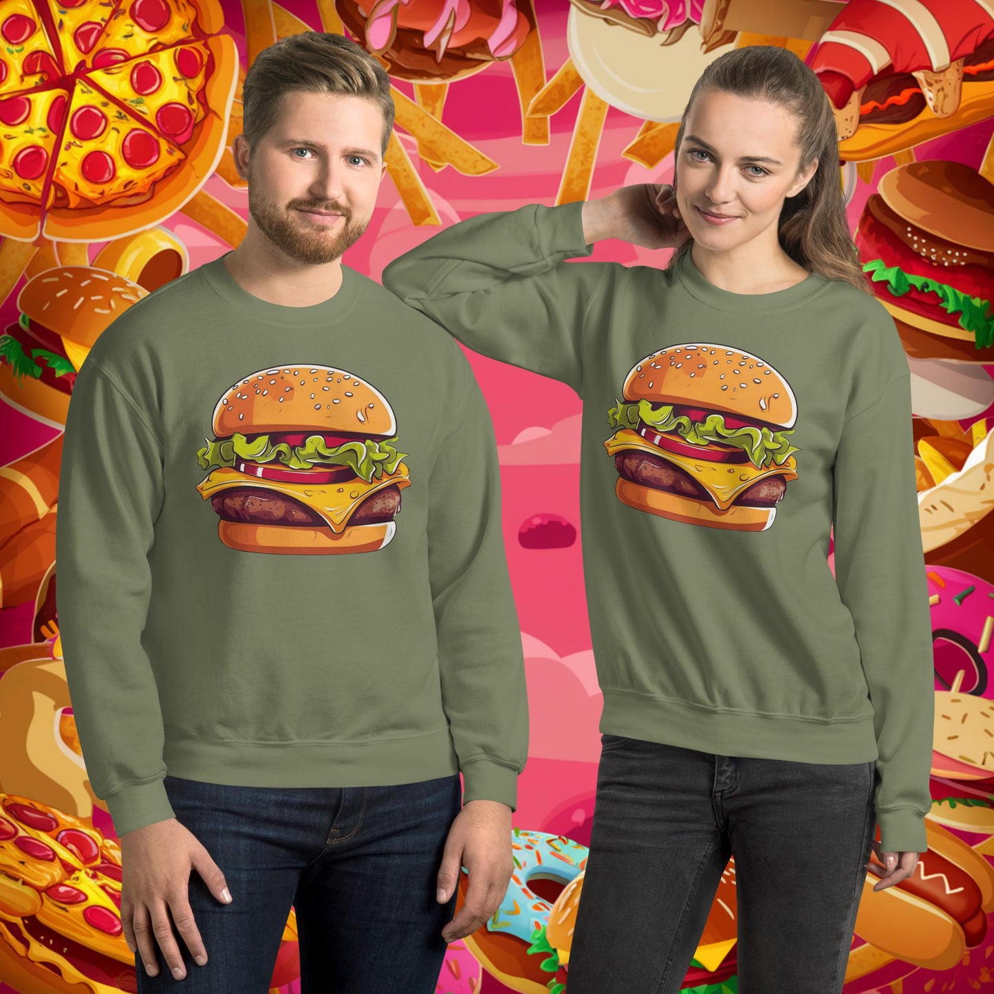 Cheeseburger I Love Burgers Unisex Sweatshirt Military Green Sweatshirts Burgers Fast Food Next Cult Brand