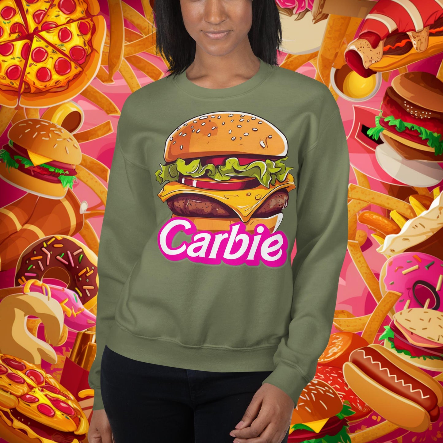 Carbie Barbie Cheeseburger Unisex Sweatshirt Military Green Sweatshirts Barbie Burgers Carbie Fast Food Movies Next Cult Brand