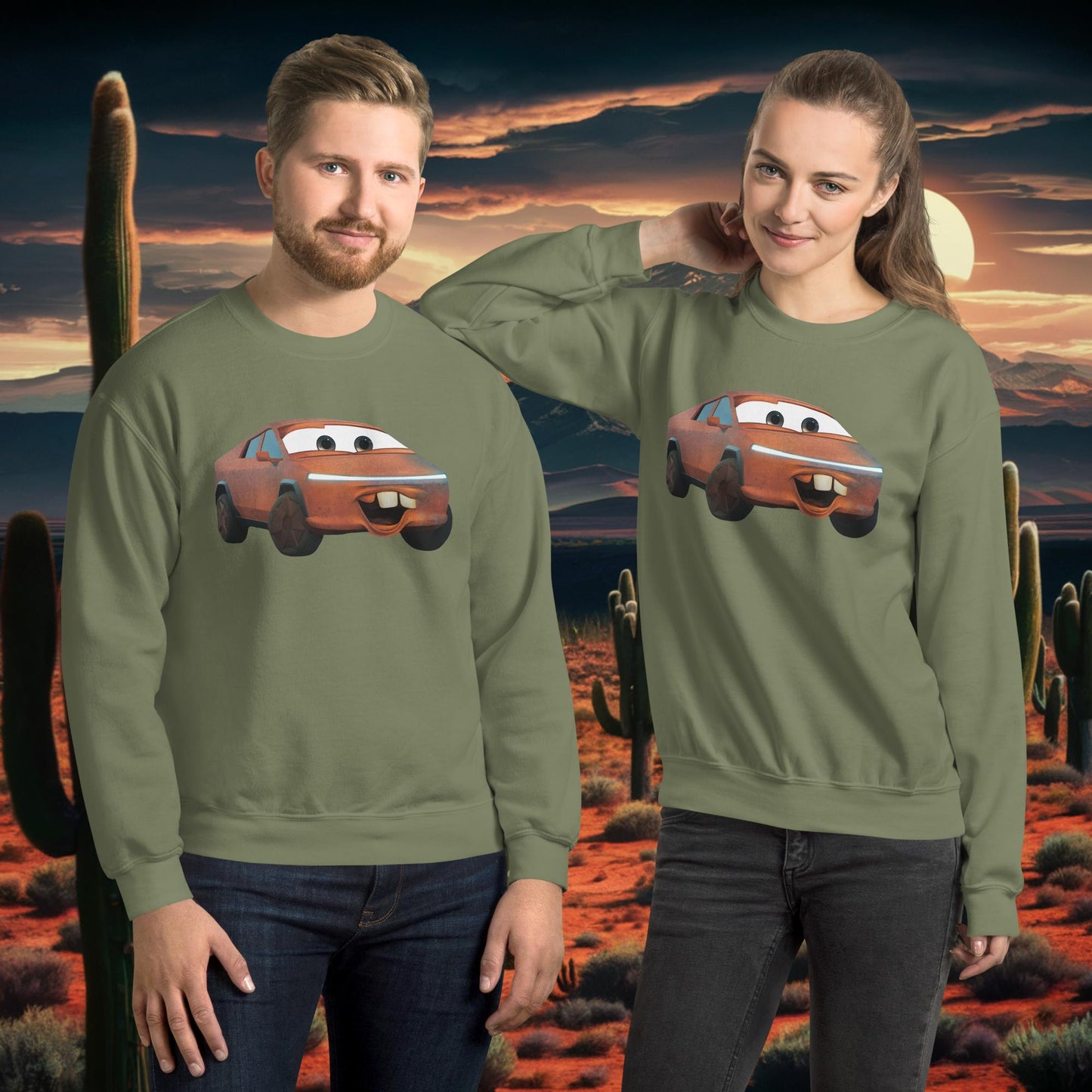 Rusty Tesla Cybertruck Elon Musk Cars Movie Tow Mater Unisex Sweatshirt Military Green Sweatshirts Cars Movie Celebrities Cybertruck Elon Musk Movies Tesla Next Cult Brand