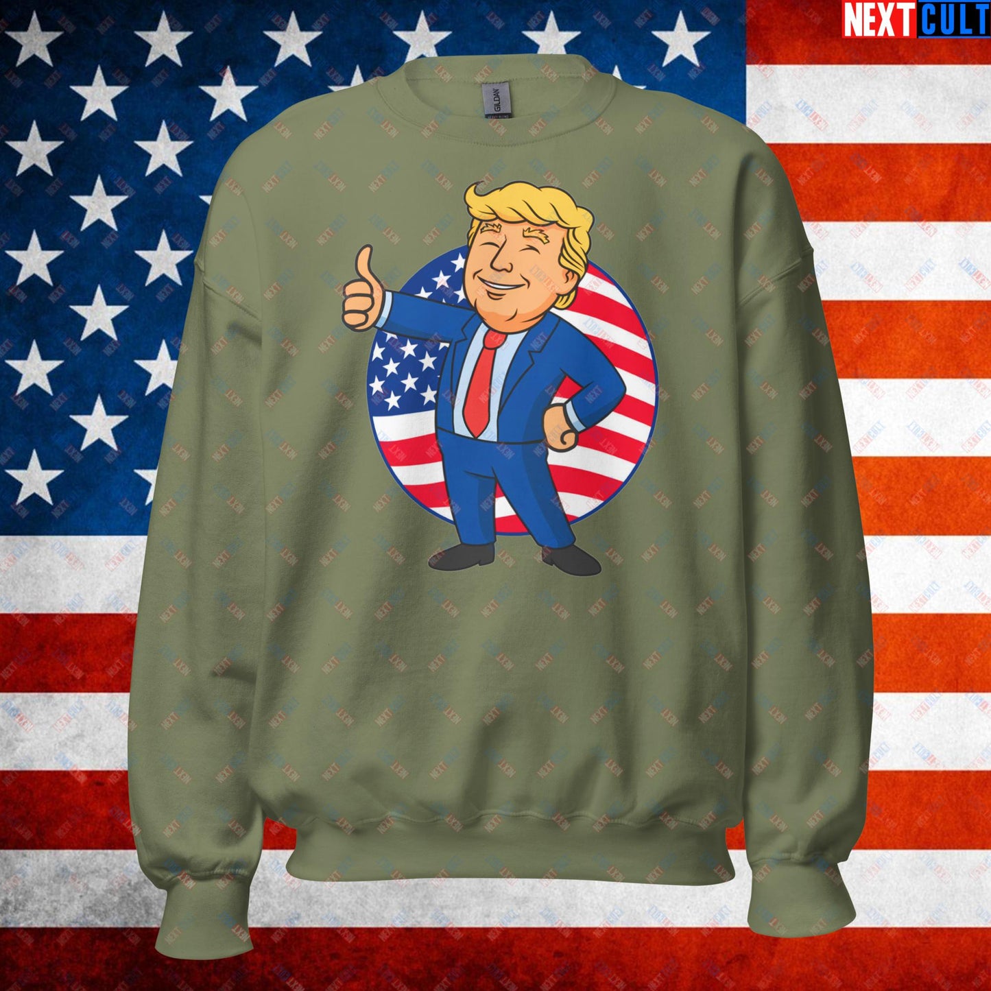 President Boy Donald Trump Politics Vault Boy Fallout Funny Meme Cartoon Mashup Unisex Sweatshirt Military Green Sweatshirts Donald Trump Fallout Politics Republicans Vault Boy Next Cult Brand