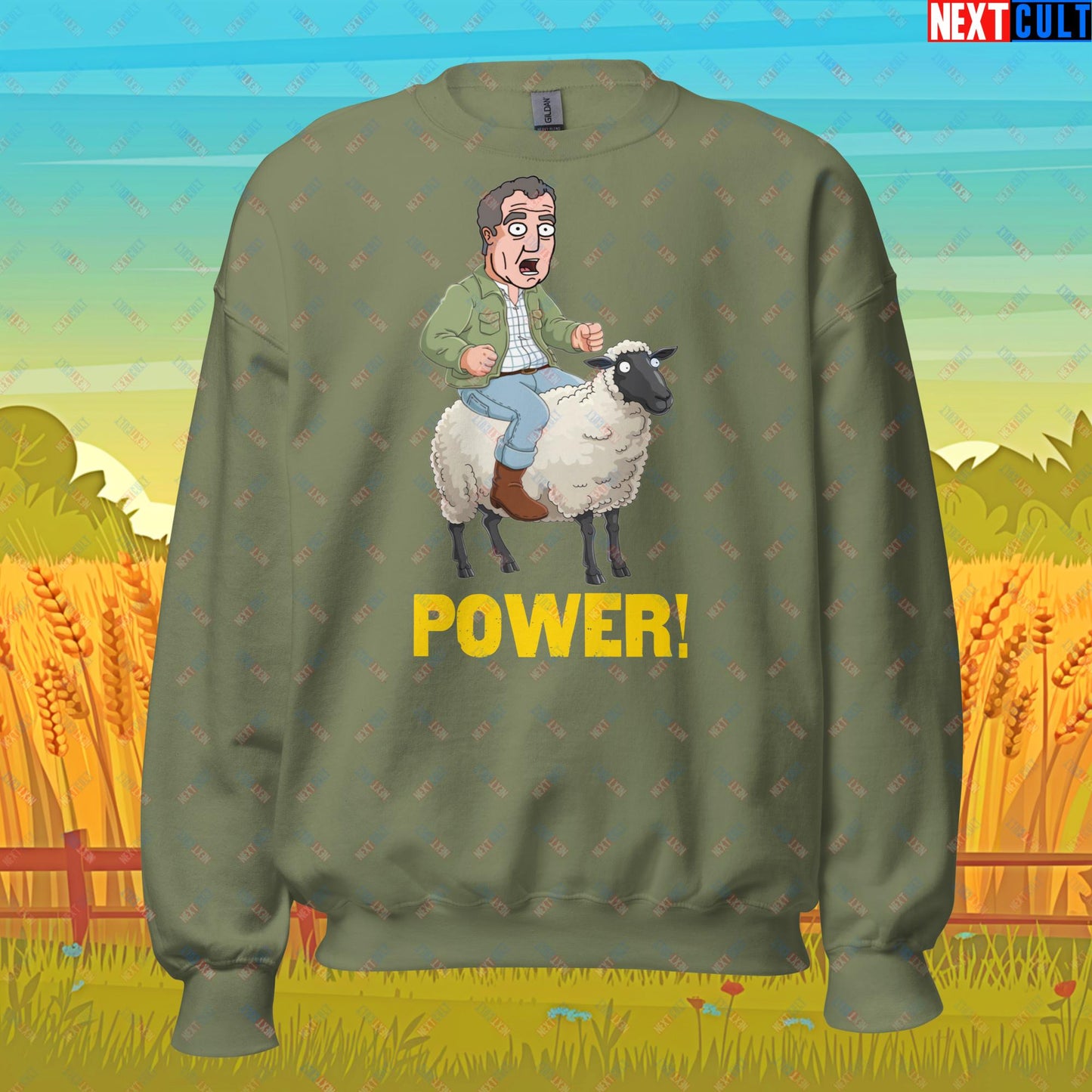 Power Sheep Jeremy Clarkson's Farm Diddly Squat Grand Tour Top Gear Funny Meme Cartoon Unisex Sweatshirt Military Green Sweatshirts Clarkson's Farm Grand Tour Jeremy Clarkson Top Gear TV Shows Next Cult Brand