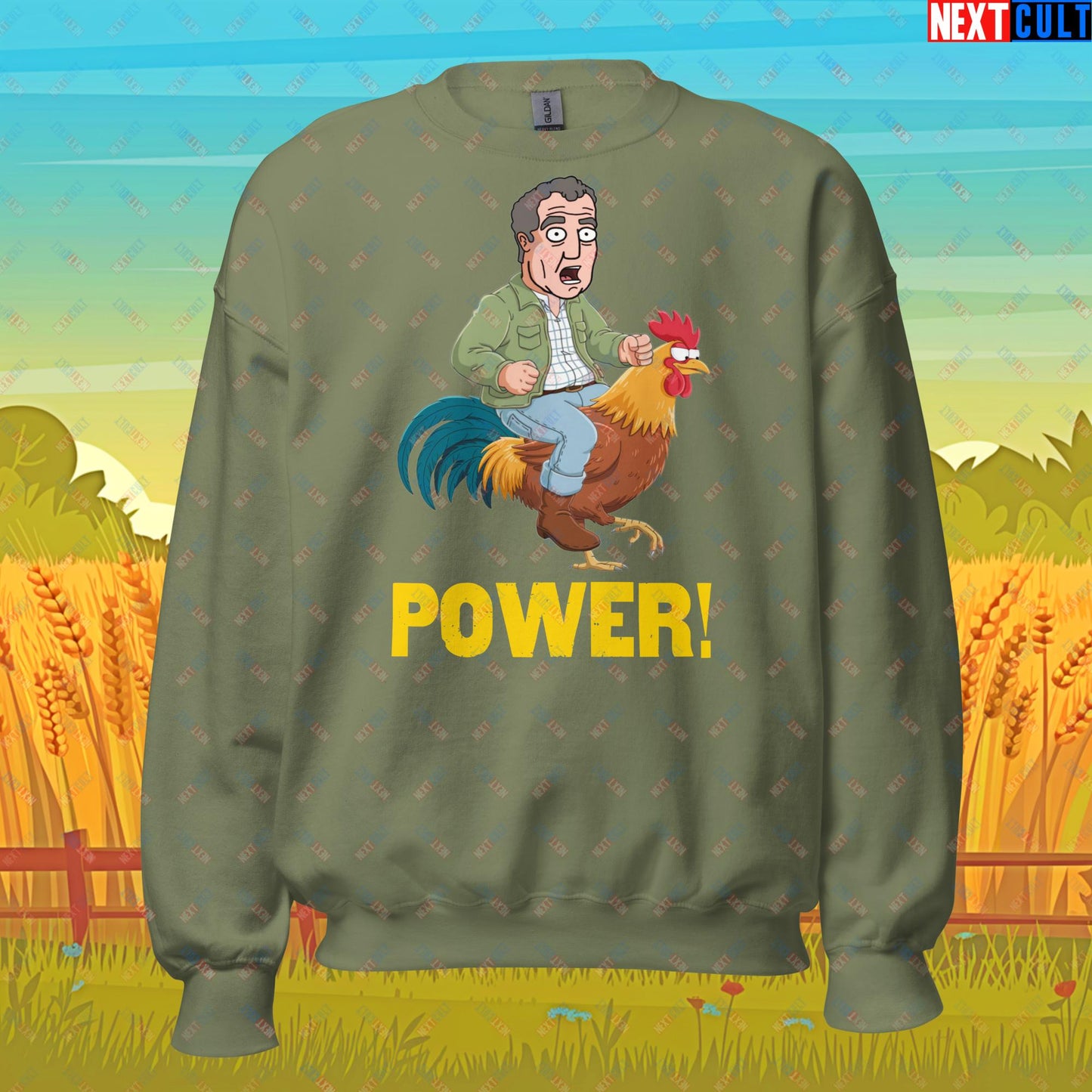 Power Rooster Chicken Farming Jeremy Clarkson's Farm Diddly Squat Grand Tour Top Gear Funny Meme Cartoon Unisex Sweatshirt Military Green Sweatshirts Clarkson's Farm Grand Tour Jeremy Clarkson Top Gear TV Shows Next Cult Brand