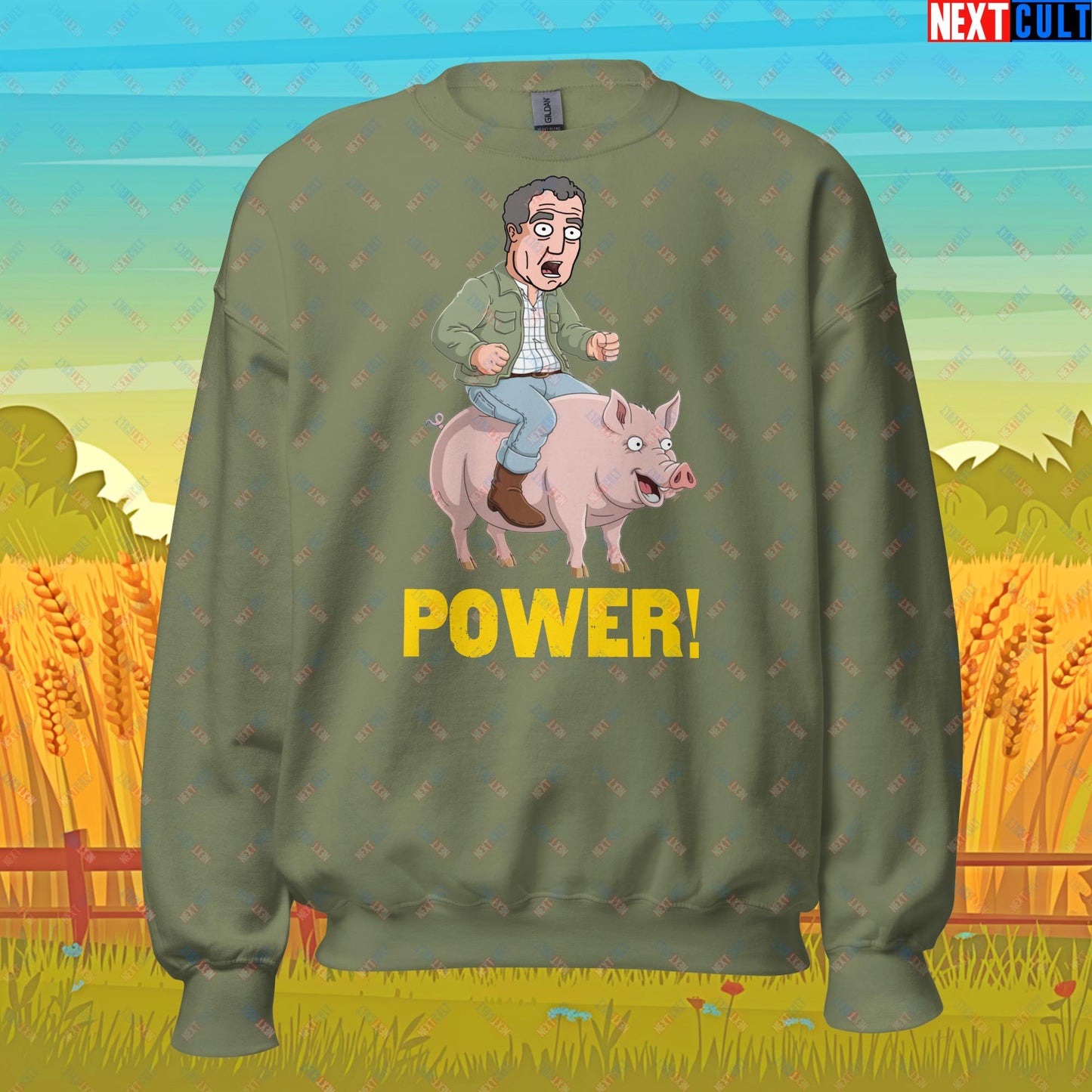Power Pig Farming Jeremy Clarkson's Farm Diddly Squat Grand Tour Top Gear Funny Meme Cartoon Unisex Sweatshirt Military Green Sweatshirts Clarkson's Farm Grand Tour Jeremy Clarkson Top Gear TV Shows Next Cult Brand