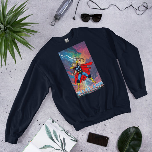 Erling Haaland Thor Avenger Manchester City Funny Football/ Soccer Meme Unisex Sweatshirt Navy Sweatshirts Erling Haaland Football Manchester City Thor Next Cult Brand