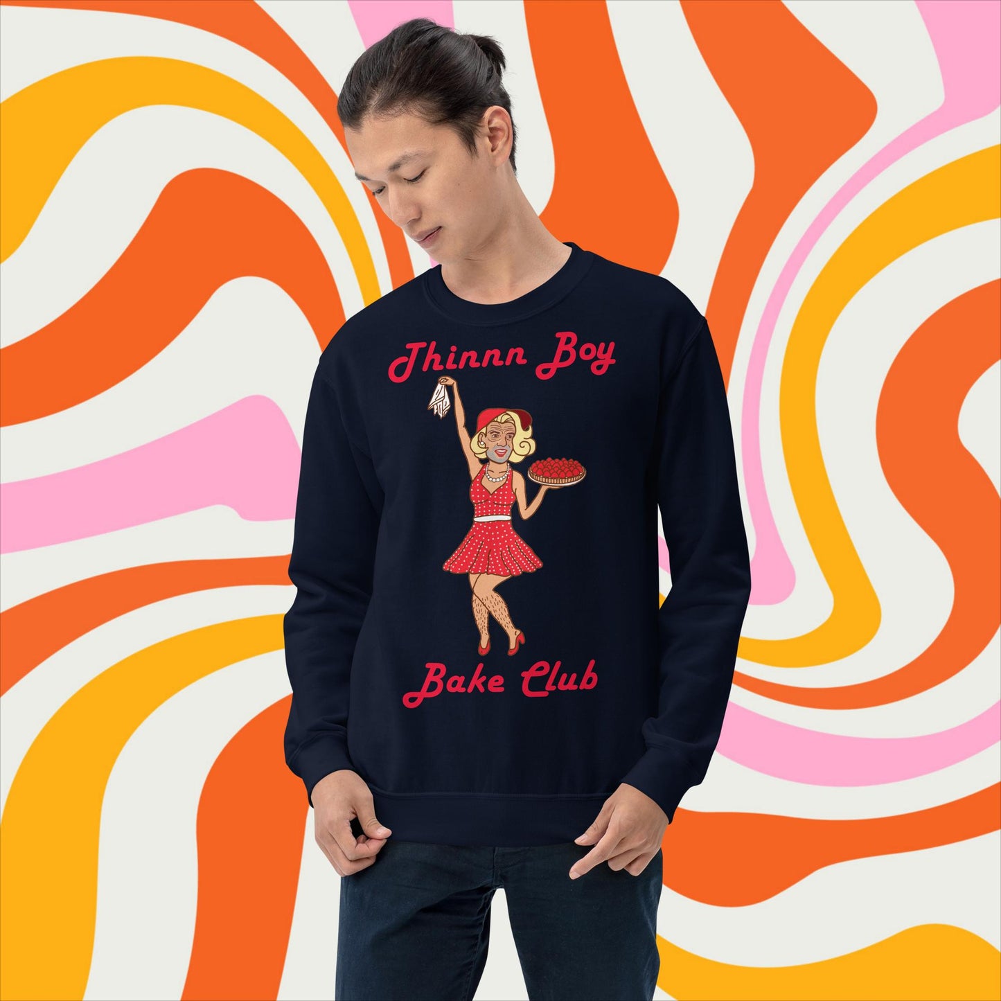 Thinnn Boy Bake Club The Fighter and The Kid TFATK Podcast Comedy 60s retro housewife Bryan Callen Unisex Sweatshirt Navy Sweatshirts Bryan Callen Podcasts Stand-up Comedy The Fighter and The Kid (TFATK) Thinnn Boy Bake Club Next Cult Brand