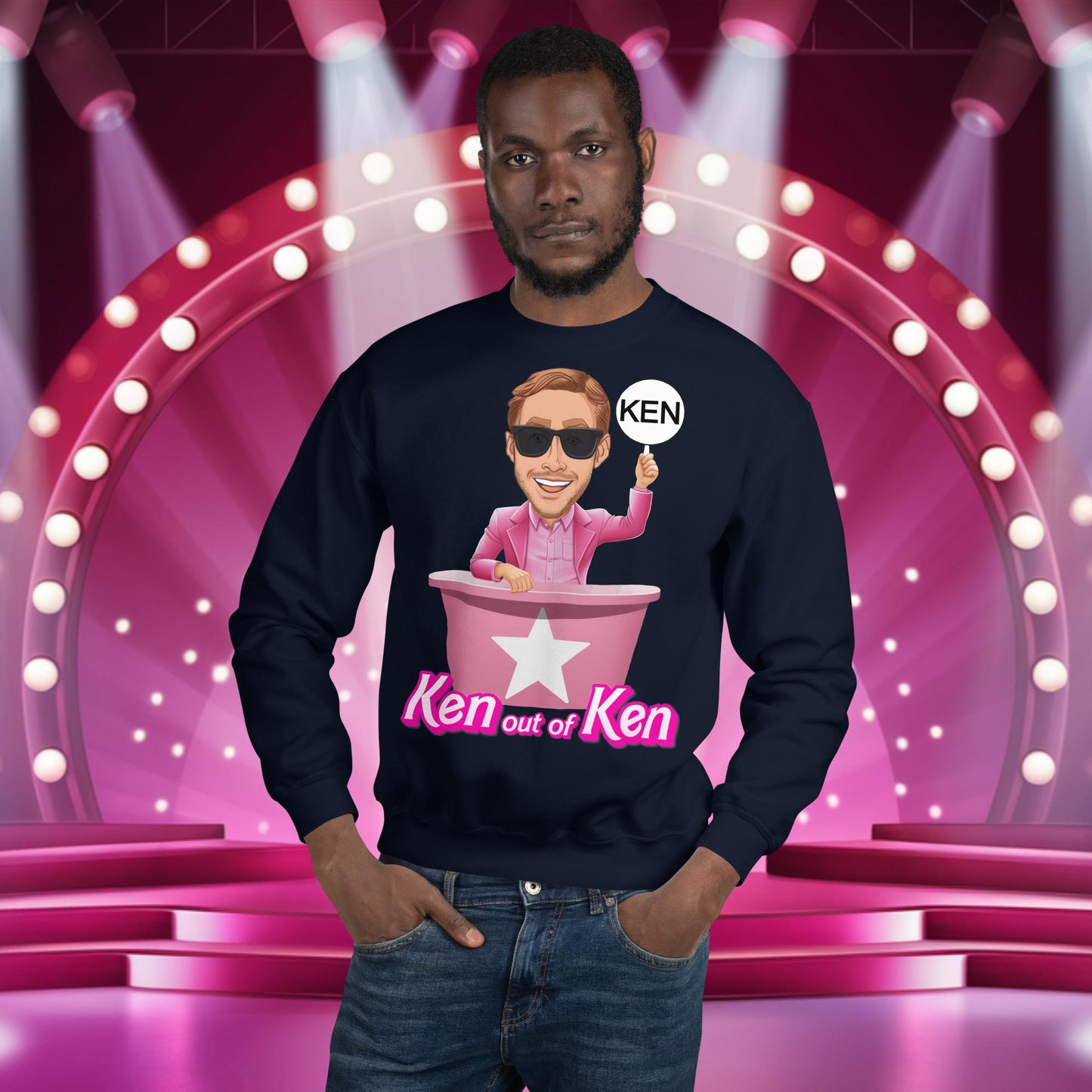 Ken out of Ken Ryan Gosling Barbie Movie Unisex Sweatshirt Navy Sweatshirts Barbie Celebrities Ken Movies Ryan Gosling Next Cult Brand