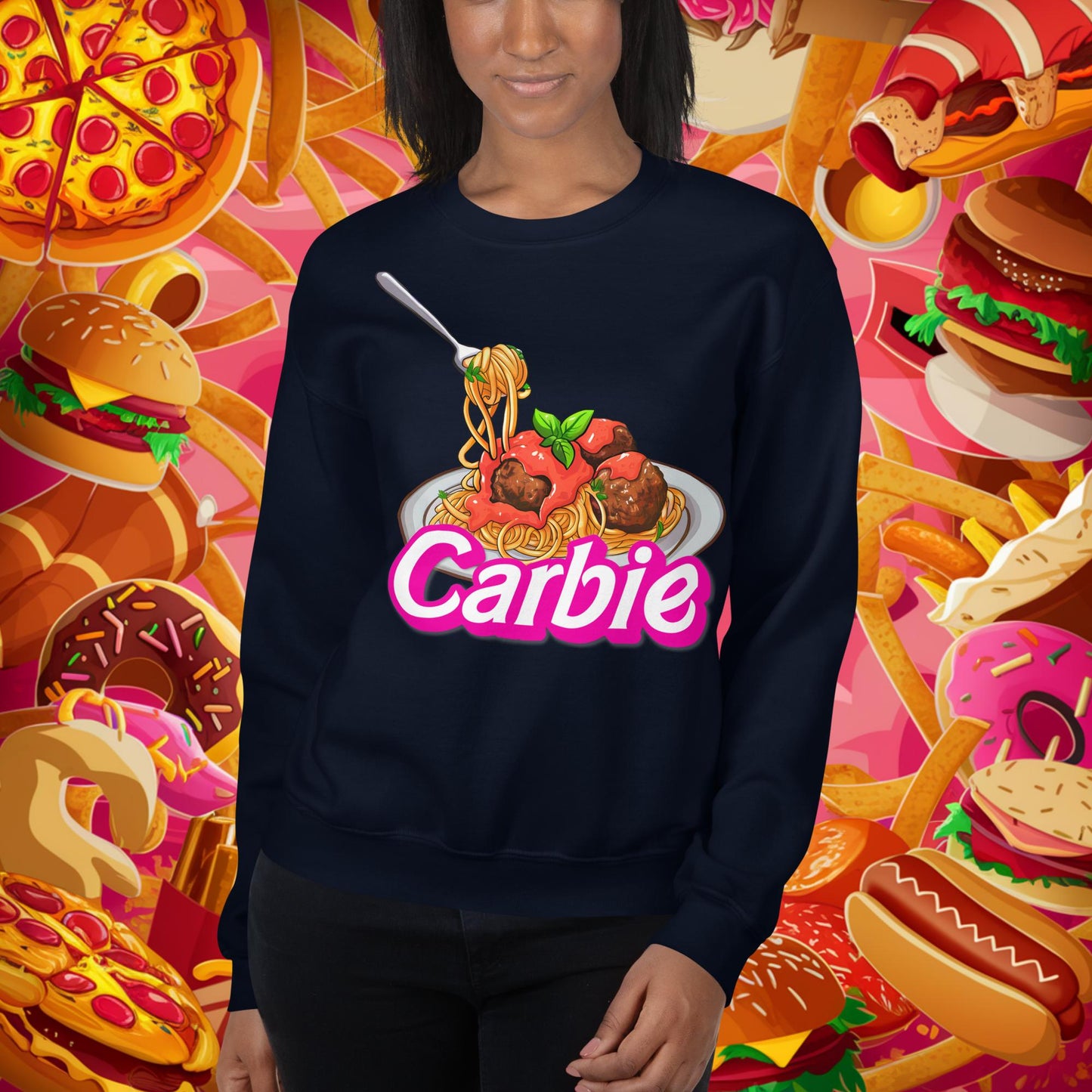 Carbie Barbie I Love Pasta I Love Carbs Unisex Sweatshirt Navy Sweatshirts Barbie Carbie Ken Movies Next Cult Brand