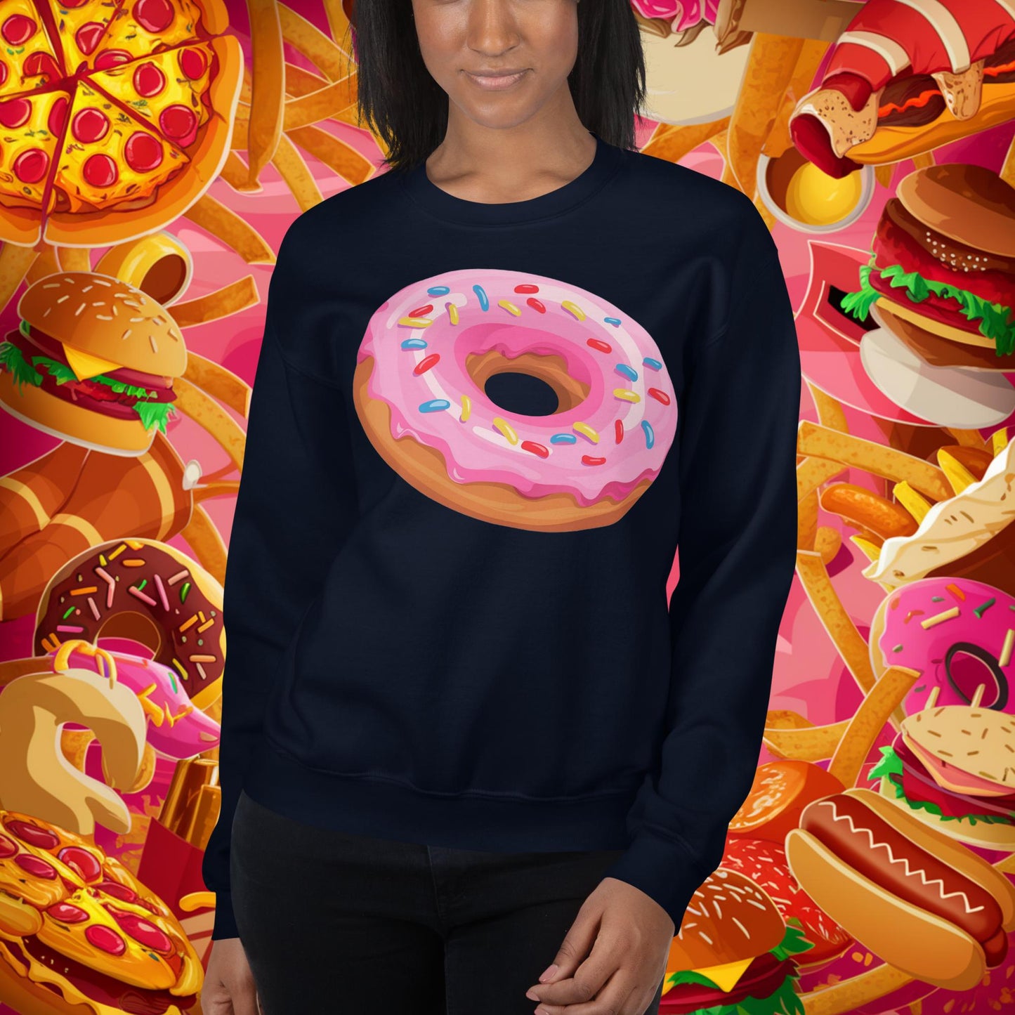 Pink Donut with sprinkles Unisex Sweatshirt Navy Sweatshirts Donuts Fast Food Next Cult Brand