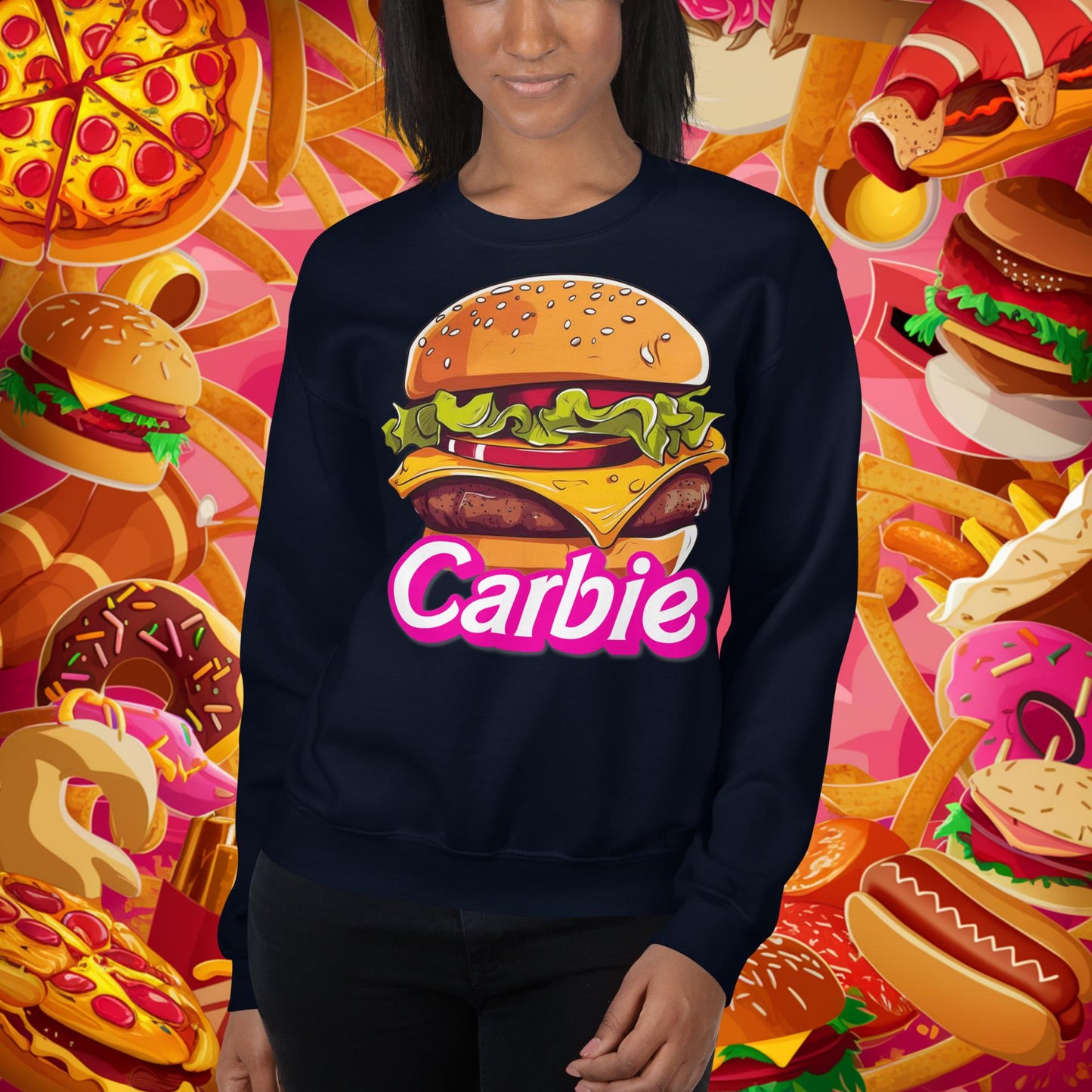 Carbie Barbie Cheeseburger Unisex Sweatshirt Navy Sweatshirts Barbie Burgers Carbie Fast Food Movies Next Cult Brand