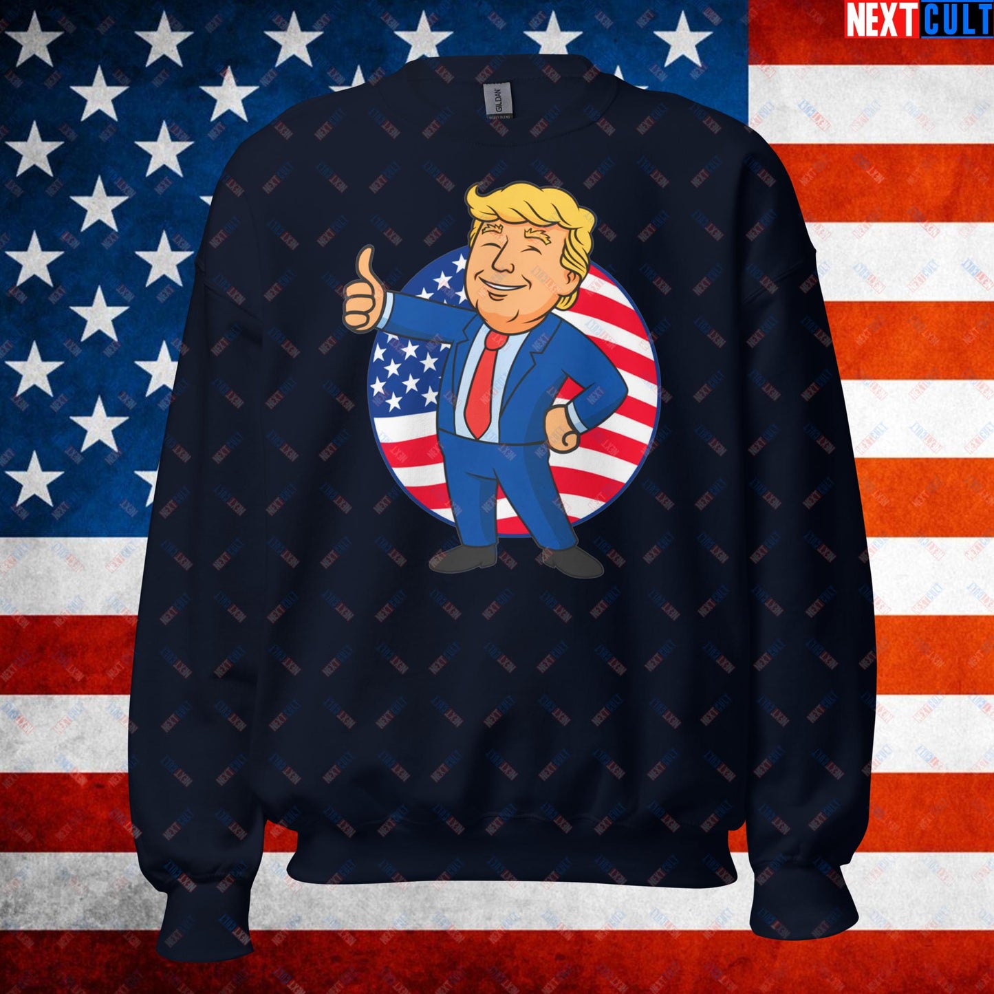 President Boy Donald Trump Politics Vault Boy Fallout Funny Meme Cartoon Mashup Unisex Sweatshirt Navy Sweatshirts Donald Trump Fallout Politics Republicans Vault Boy Next Cult Brand