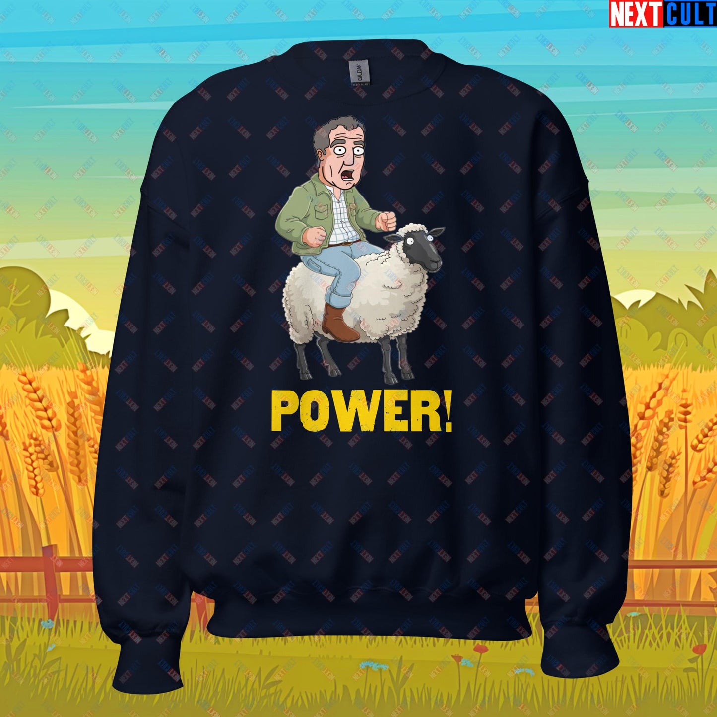 Power Sheep Jeremy Clarkson's Farm Diddly Squat Grand Tour Top Gear Funny Meme Cartoon Unisex Sweatshirt Navy Sweatshirts Clarkson's Farm Grand Tour Jeremy Clarkson Top Gear TV Shows Next Cult Brand