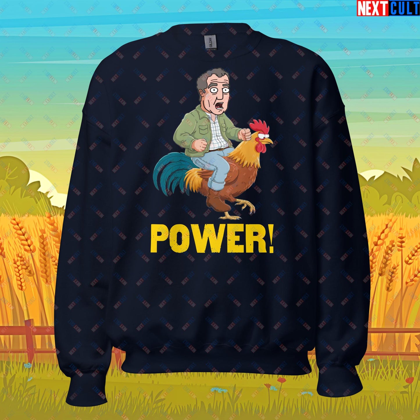 Power Rooster Chicken Farming Jeremy Clarkson's Farm Diddly Squat Grand Tour Top Gear Funny Meme Cartoon Unisex Sweatshirt Navy Sweatshirts Clarkson's Farm Grand Tour Jeremy Clarkson Top Gear TV Shows Next Cult Brand