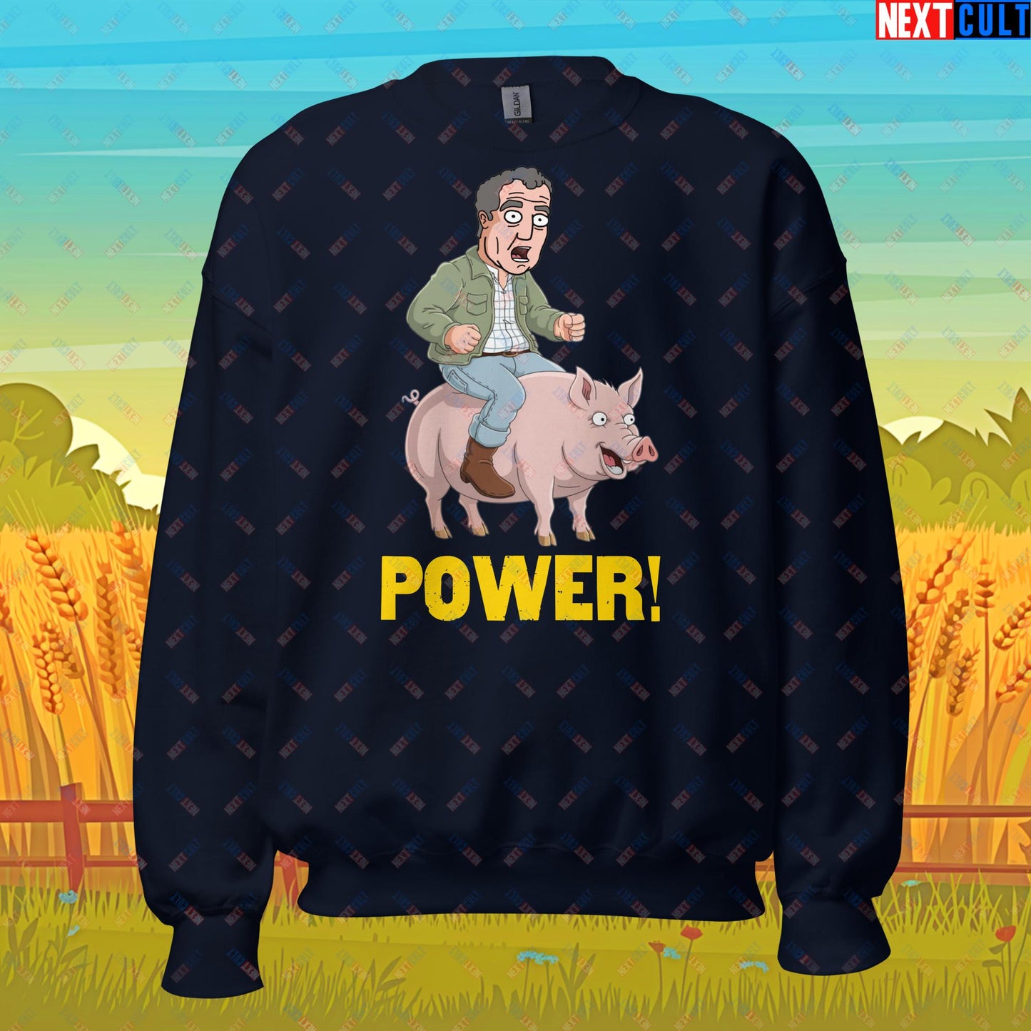 Power Pig Farming Jeremy Clarkson's Farm Diddly Squat Grand Tour Top Gear Funny Meme Cartoon Unisex Sweatshirt Navy Sweatshirts Clarkson's Farm Grand Tour Jeremy Clarkson Top Gear TV Shows Next Cult Brand