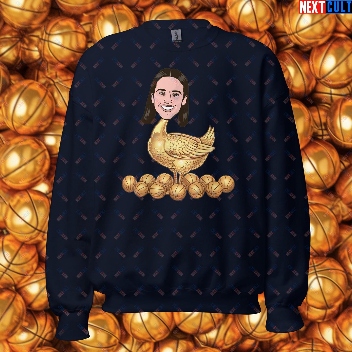 Caitlin Clark Golden Goose Sweatshirt - Funny WNBA Indiana Fever Basketball Meme Jumper - Golden Basketball Laying Goose Design for Fans - Perfect Gift for Basketball Lovers Unisex Sweatshirt Navy Sweatshirts Basketball Caitlin Clark Indiana Fever WNBA Next Cult Brand
