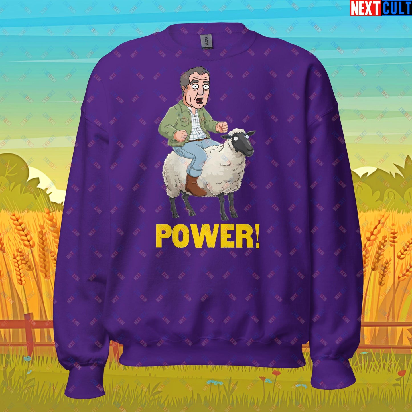 Power Sheep Jeremy Clarkson's Farm Diddly Squat Grand Tour Top Gear Funny Meme Cartoon Unisex Sweatshirt Purple Sweatshirts Clarkson's Farm Grand Tour Jeremy Clarkson Top Gear TV Shows Next Cult Brand