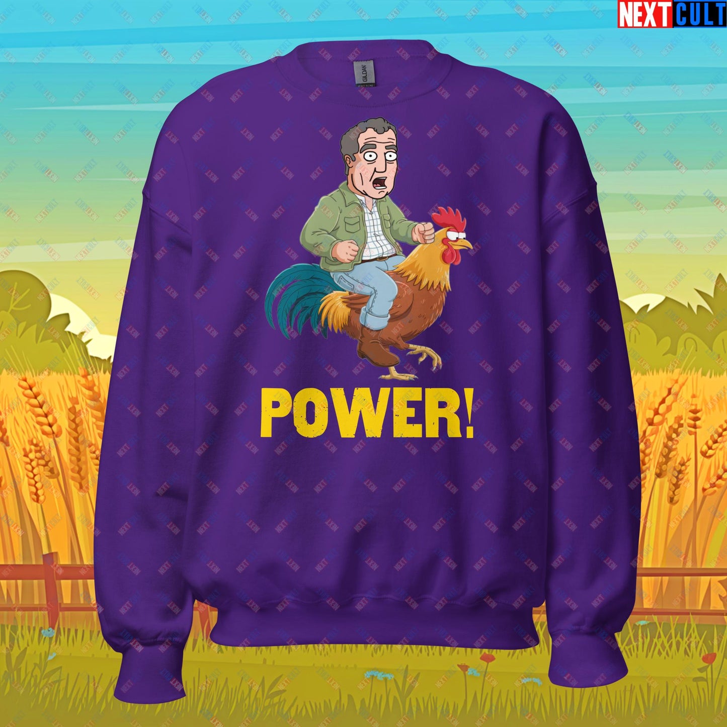 Power Rooster Chicken Farming Jeremy Clarkson's Farm Diddly Squat Grand Tour Top Gear Funny Meme Cartoon Unisex Sweatshirt Purple Sweatshirts Clarkson's Farm Grand Tour Jeremy Clarkson Top Gear TV Shows Next Cult Brand