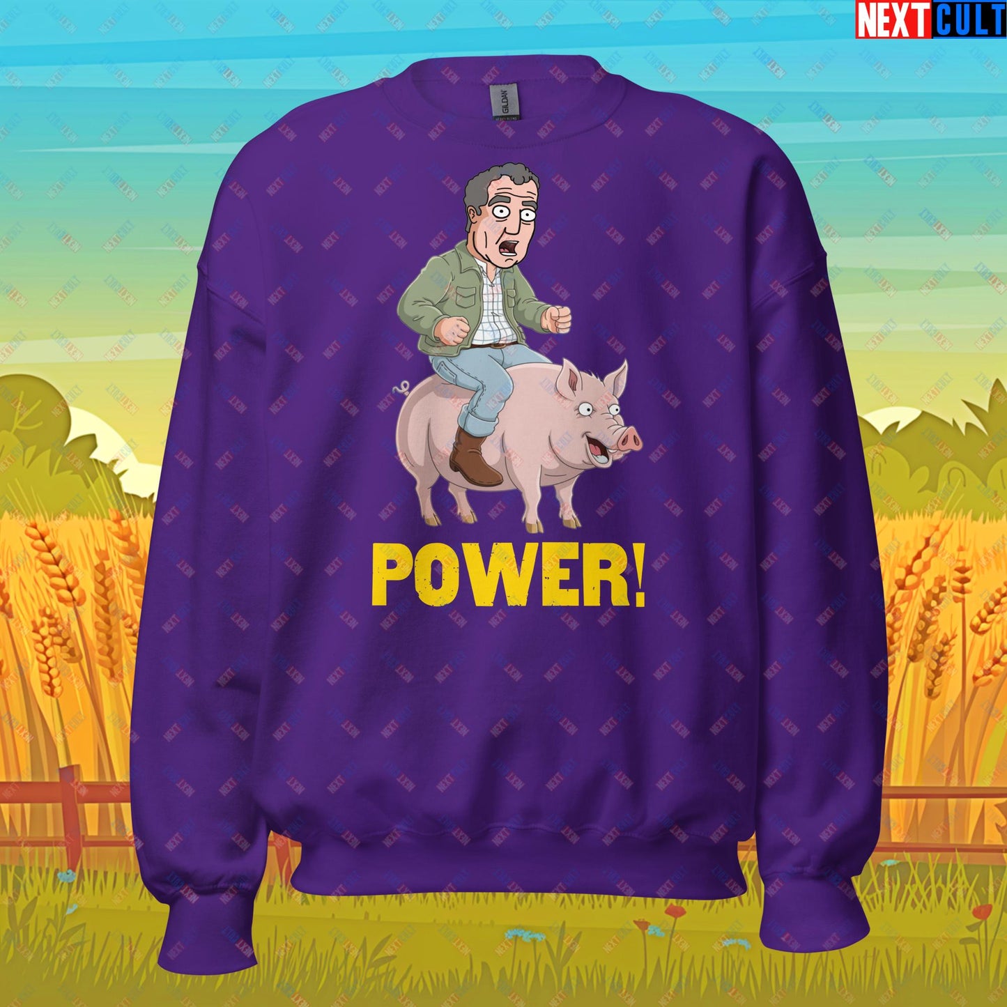 Power Pig Farming Jeremy Clarkson's Farm Diddly Squat Grand Tour Top Gear Funny Meme Cartoon Unisex Sweatshirt Purple Sweatshirts Clarkson's Farm Grand Tour Jeremy Clarkson Top Gear TV Shows Next Cult Brand